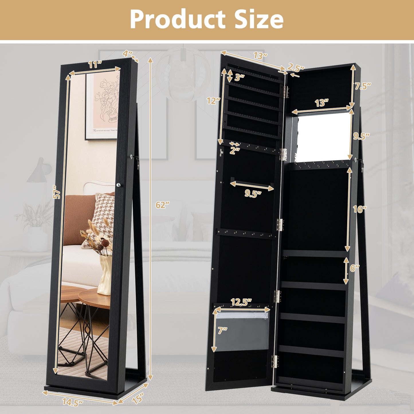 Jewelry Armoire with Full-Length Mirror and Lock