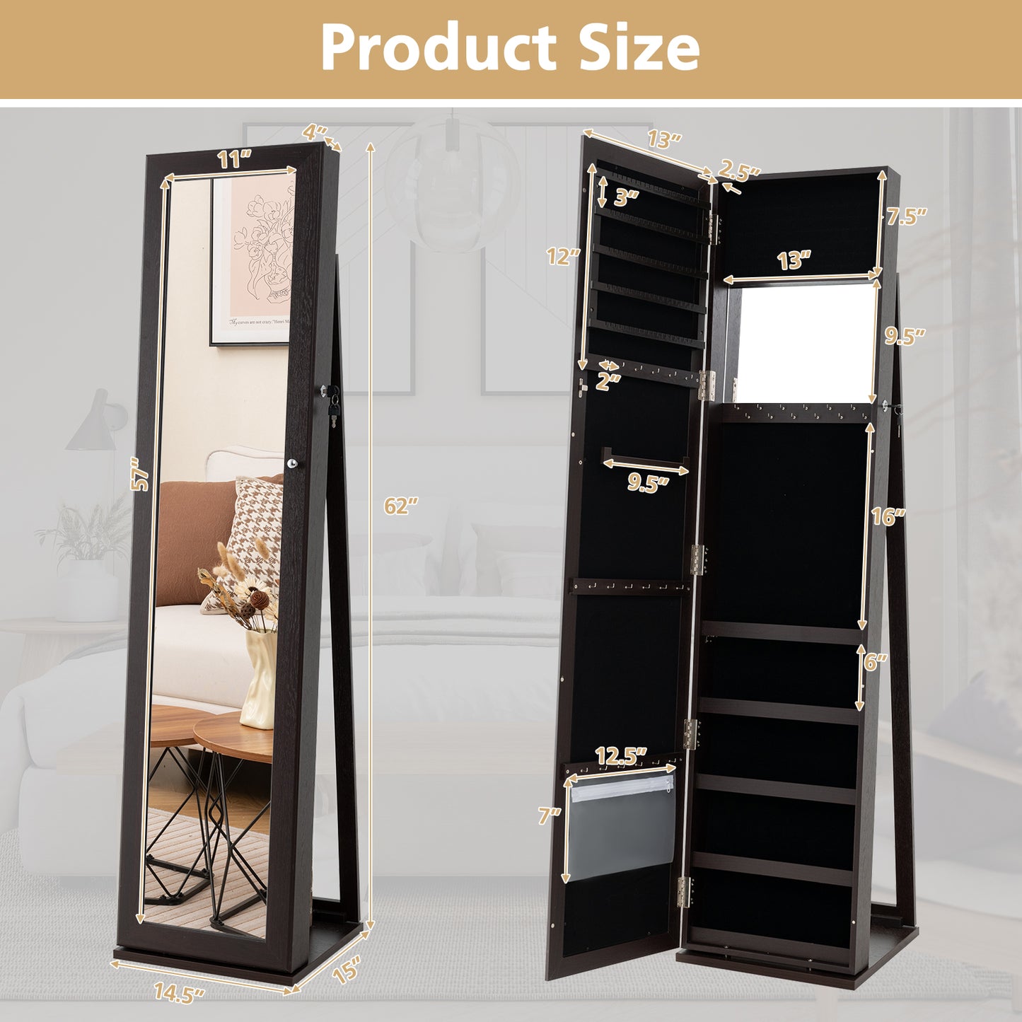 Jewelry Armoire with Full-Length Mirror and Lock