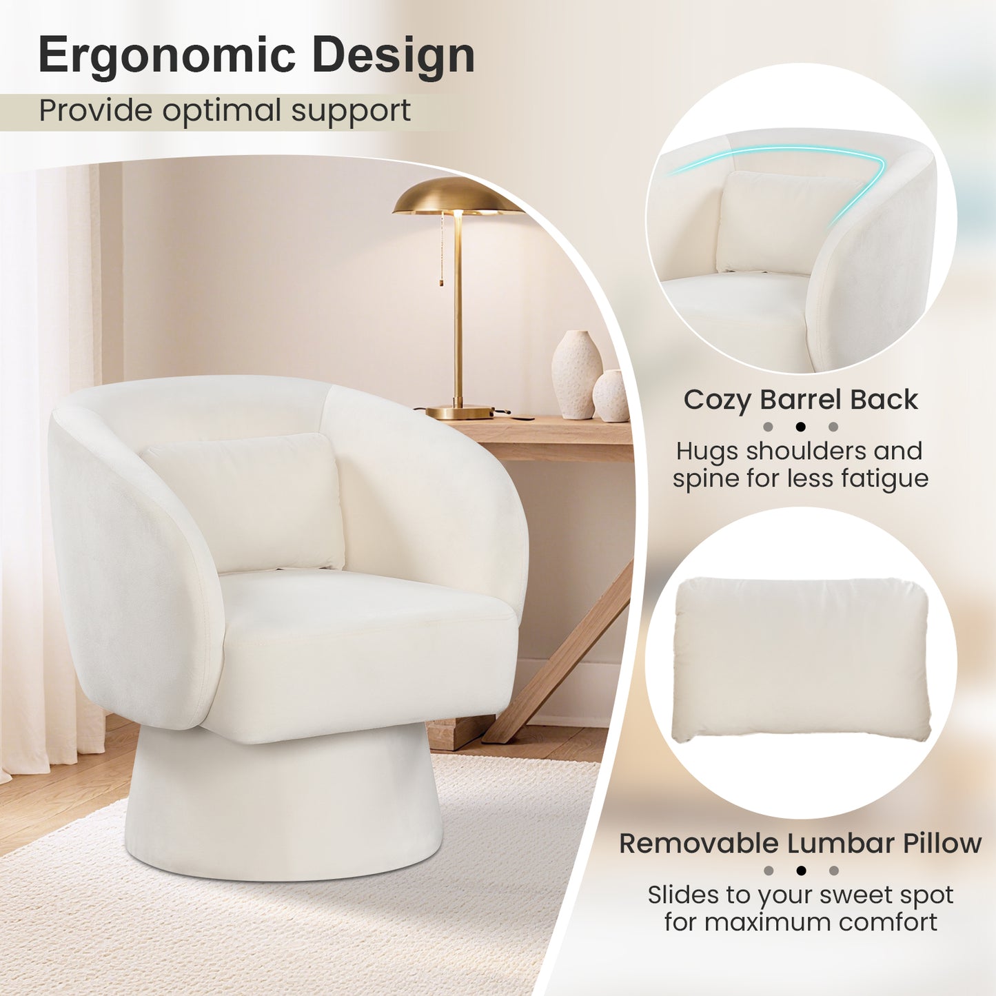 Swivel Barrel Accent Chair with Lumbar Pillow