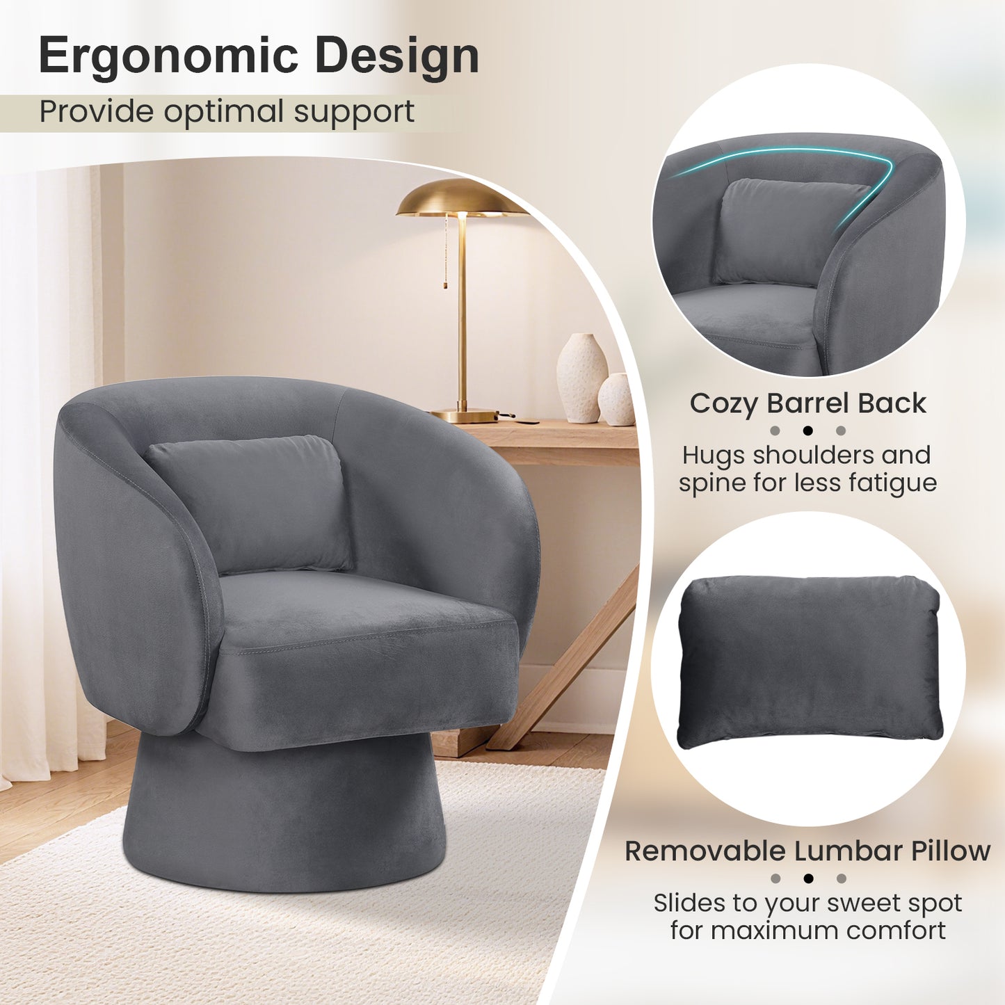 Swivel Barrel Accent Chair with Lumbar Pillow