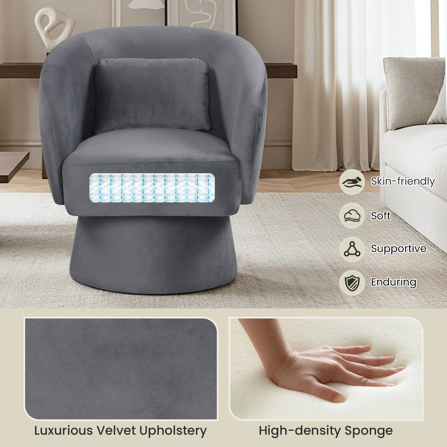 Swivel Barrel Accent Chair with Lumbar Pillow