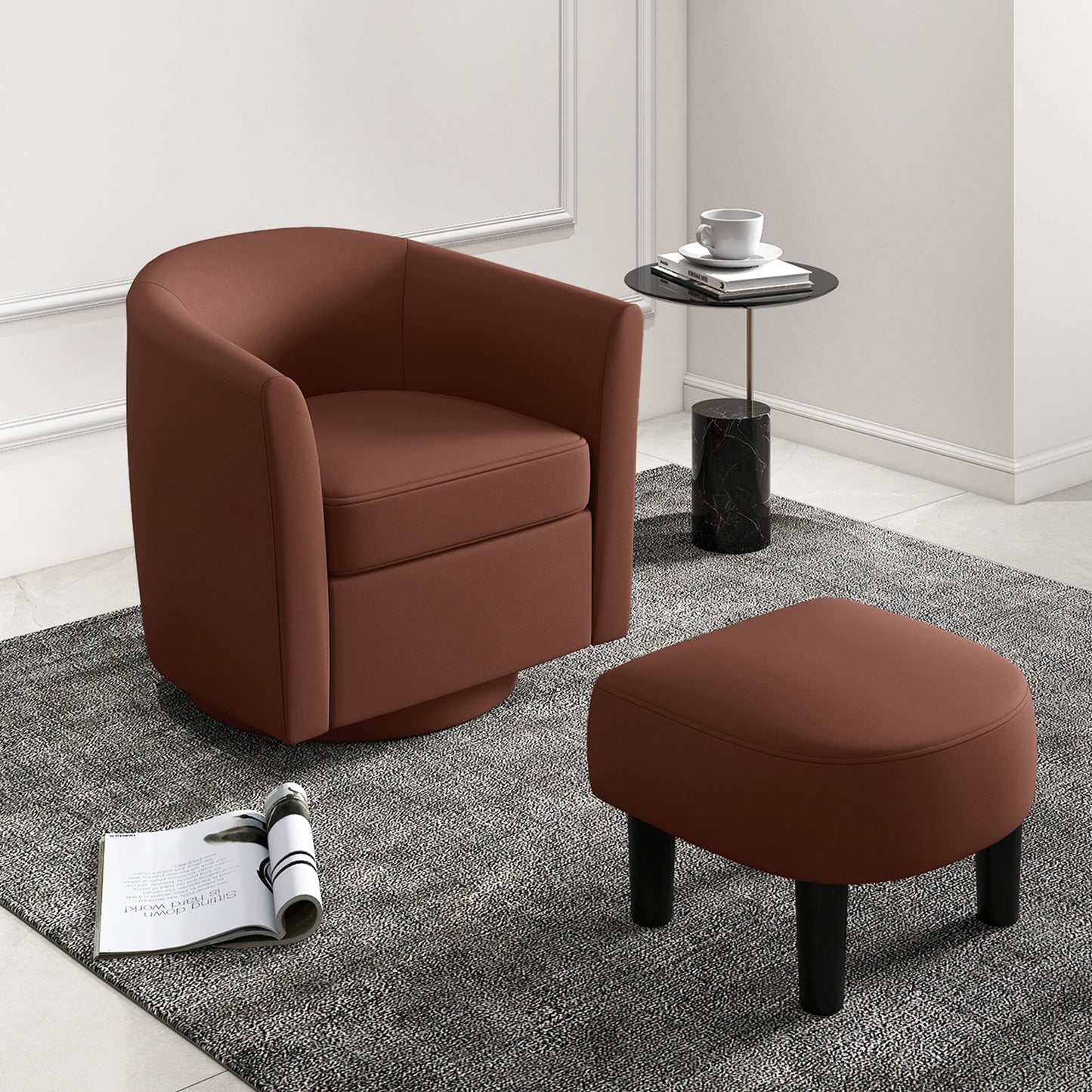 Swivel Accent Chair with Ottoman and Curved Backrest