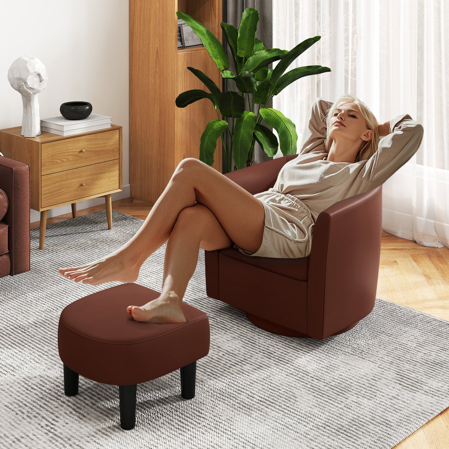 Swivel Accent Chair with Ottoman and Curved Backrest