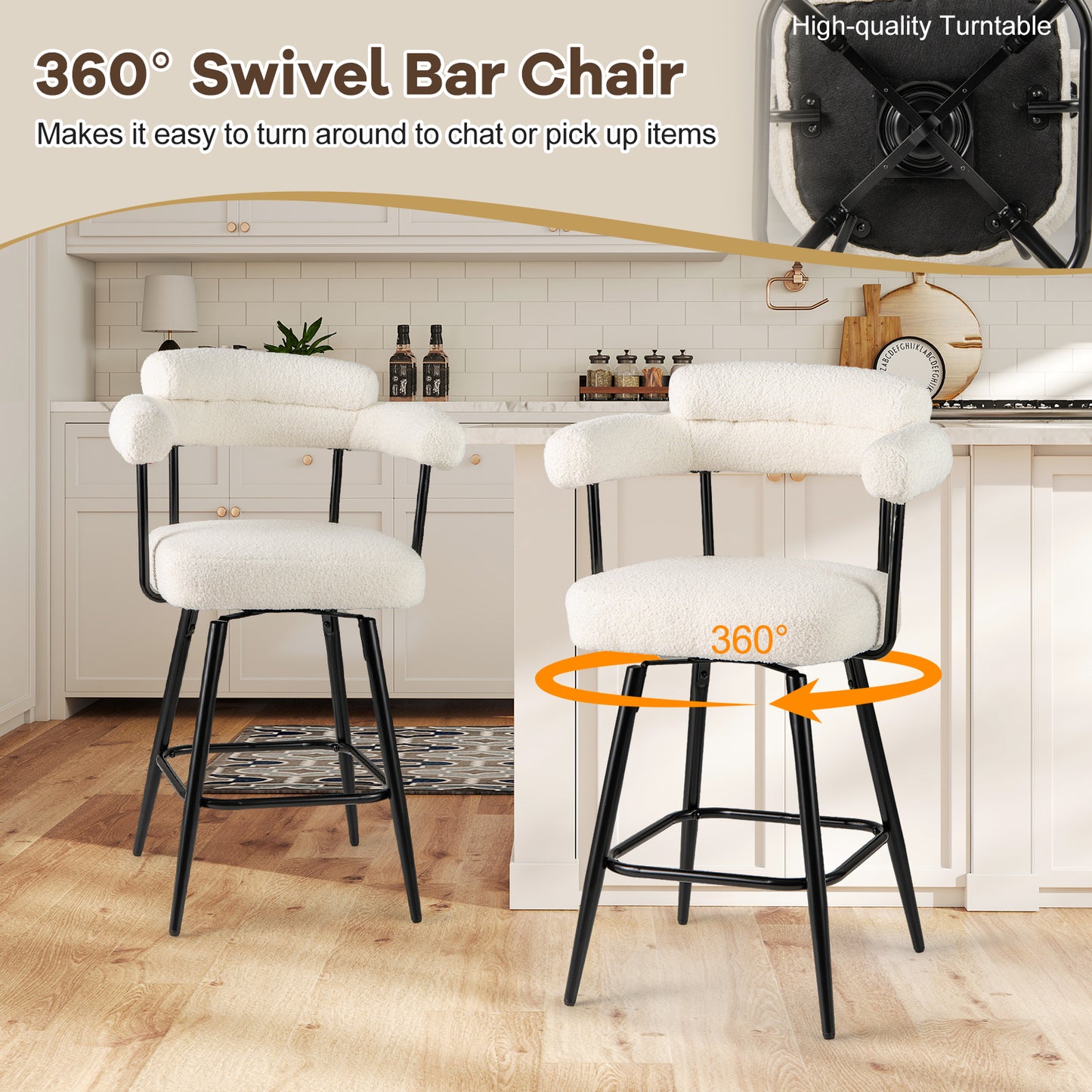 Swivel Bar Stools Set of 2 with Curved Back and Arms