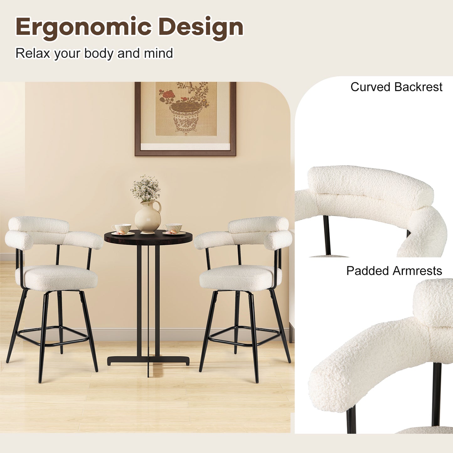 Swivel Bar Stools Set of 2 with Curved Back and Arms
