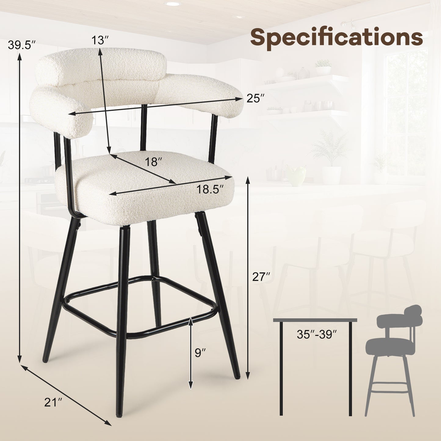 Swivel Bar Stools Set of 2 with Curved Back and Arms