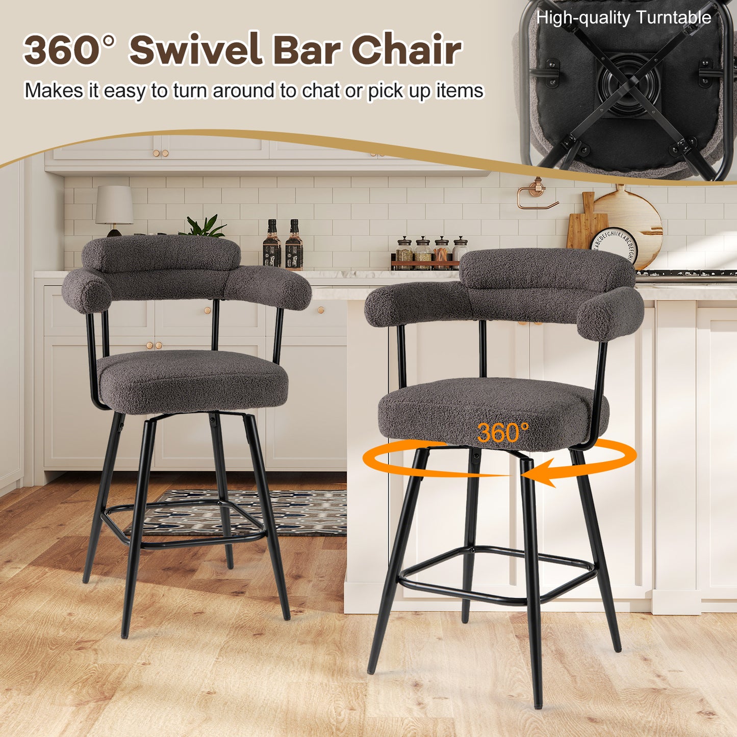 Swivel Bar Stools Set of 2 with Curved Back and Arms
