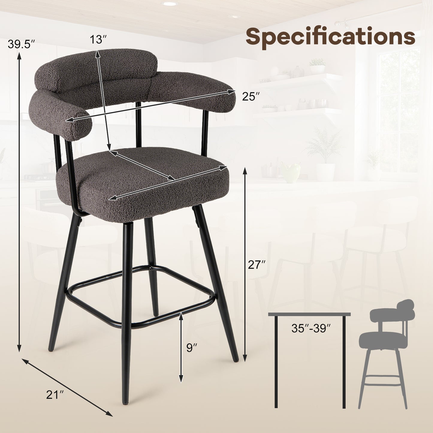 Swivel Bar Stools Set of 2 with Curved Back and Arms