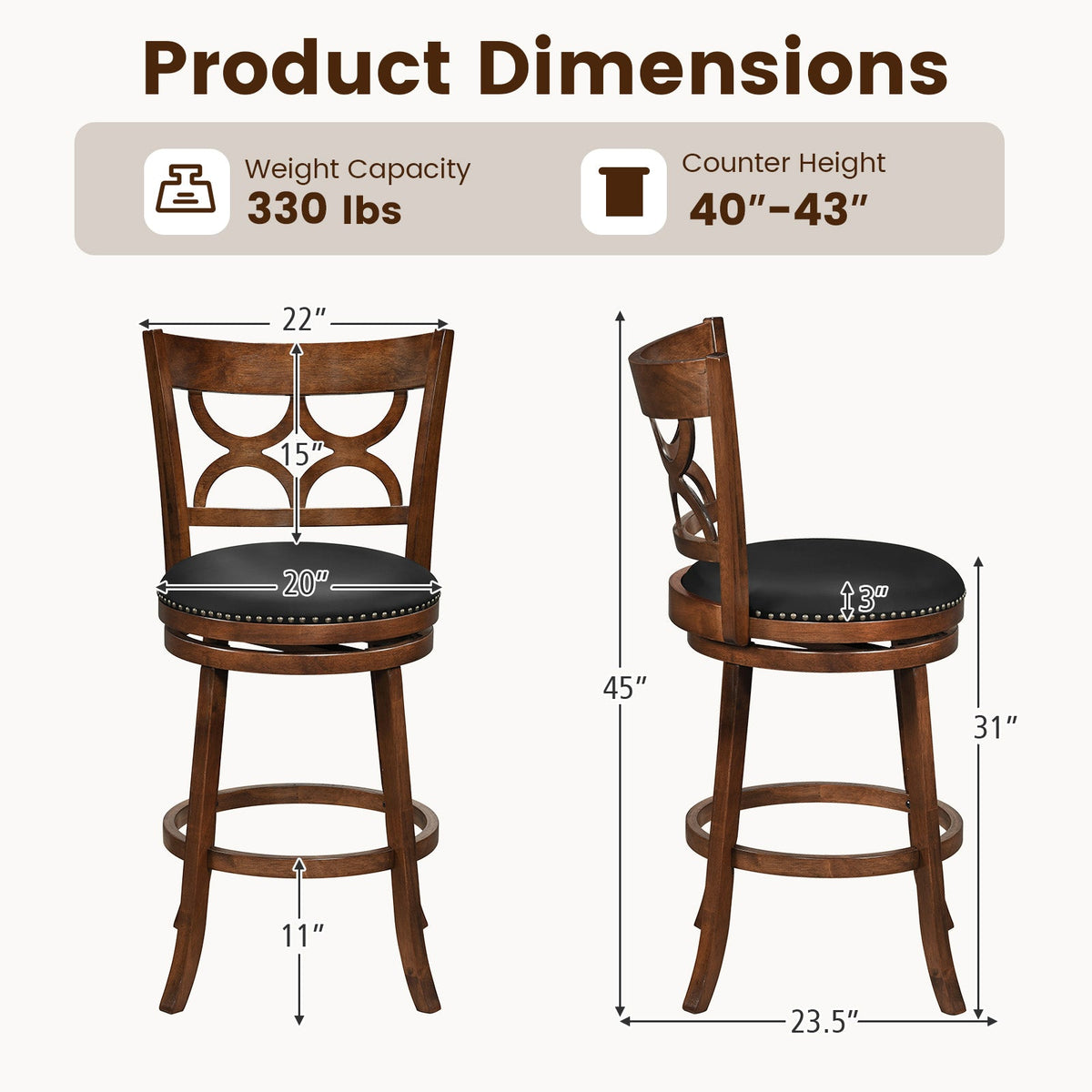 Swivel Bar Stools Set of 2 with High Backrest and Wood Frame