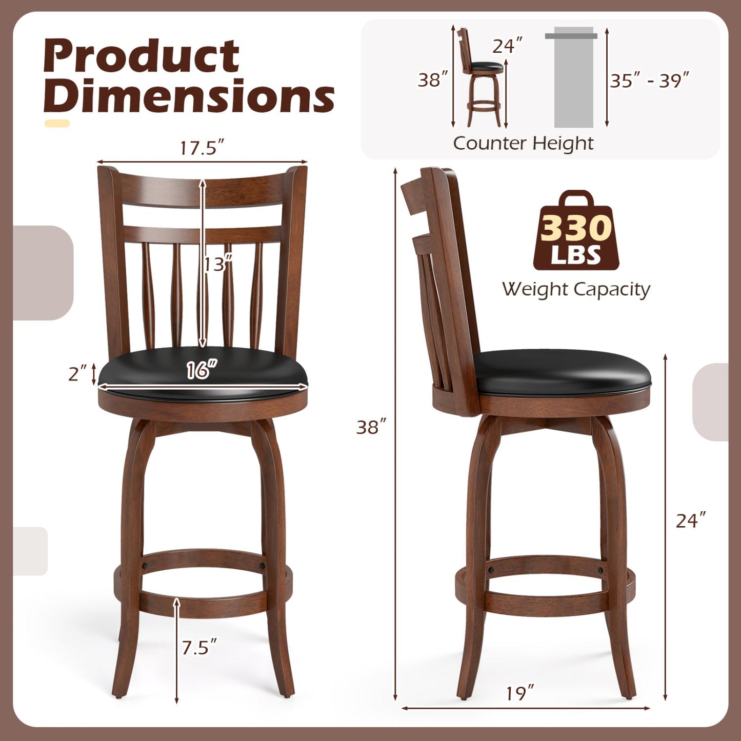 Swivel Bar Stools Set of 2 Counter Height Faux Leather Upholstered Barstools