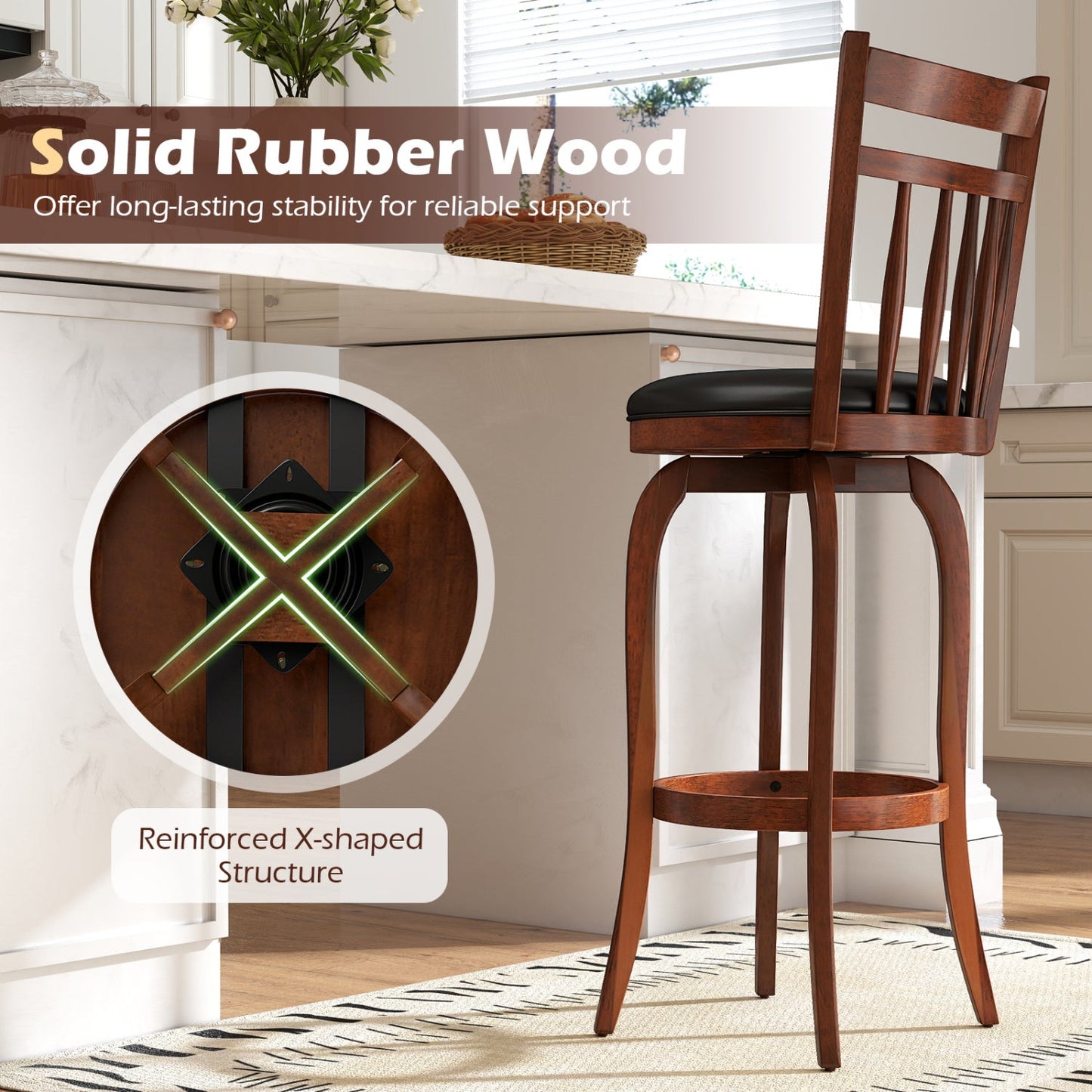 Swivel Bar Stools Set of 2 Counter Height Faux Leather Upholstered Barstools
