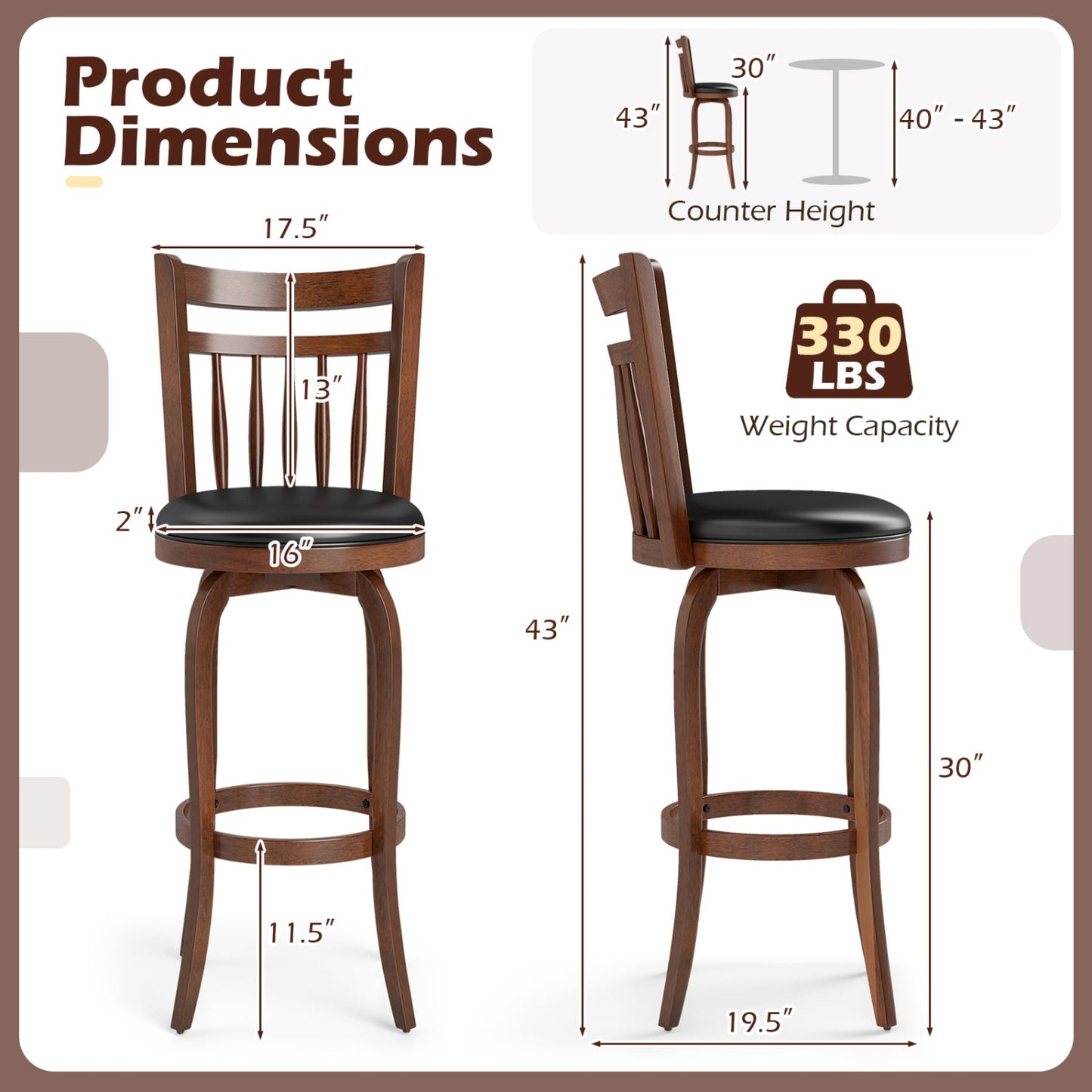 Swivel Bar Stools Set of 2 Counter Height Faux Leather Upholstered Barstools
