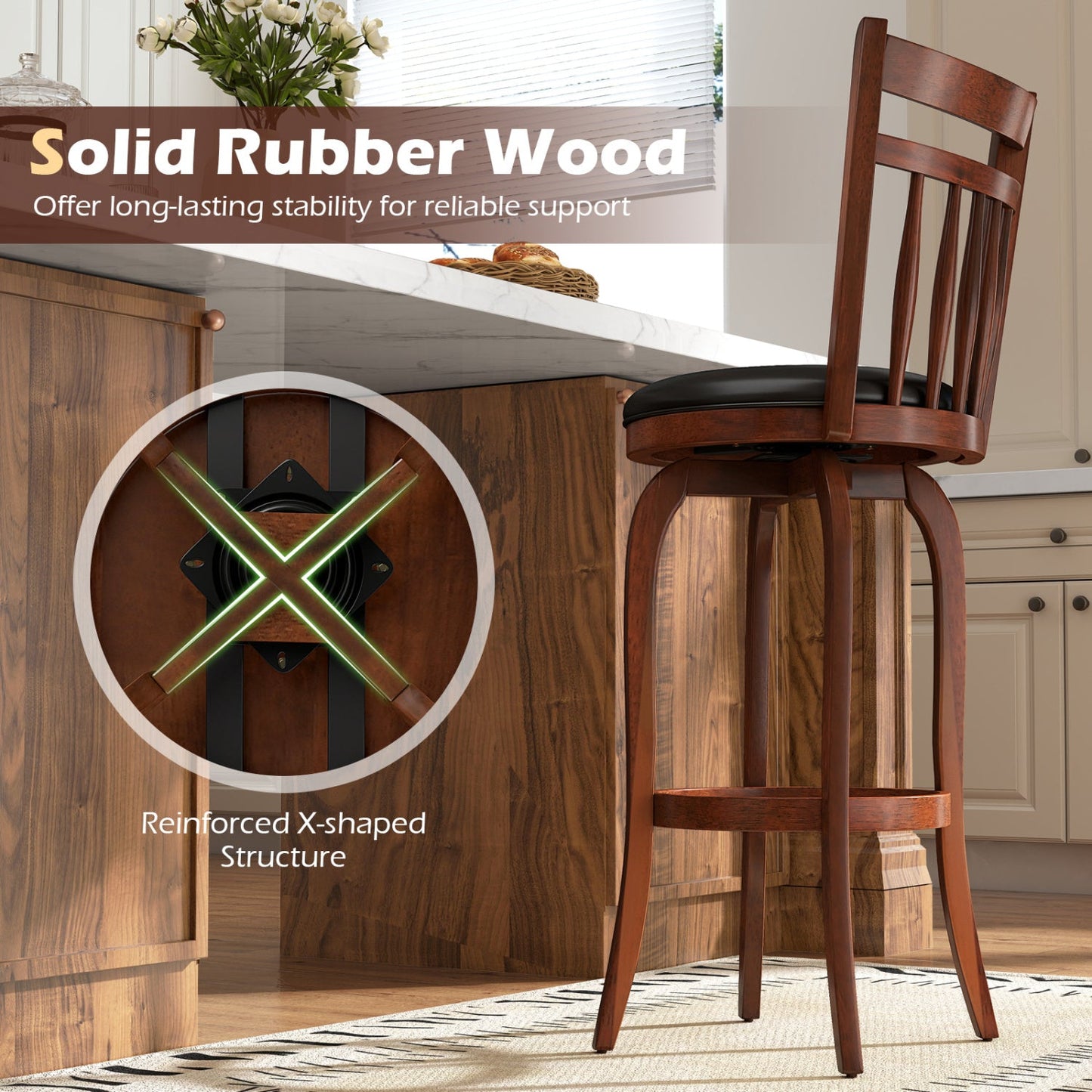 Swivel Bar Stools Set of 2 Counter Height Faux Leather Upholstered Barstools
