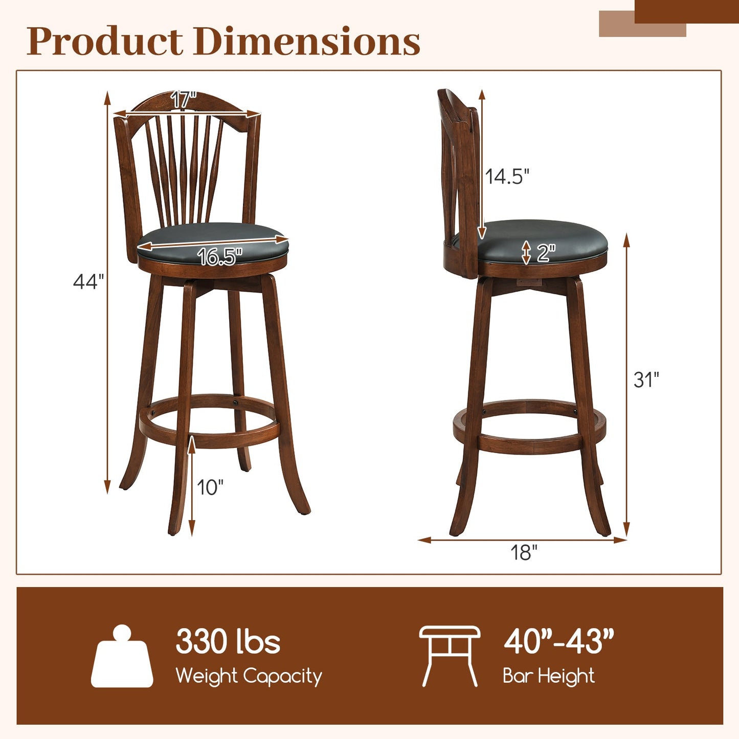 Swivel Bar Stools with Backrests and Wood Frame for Kitchen Island