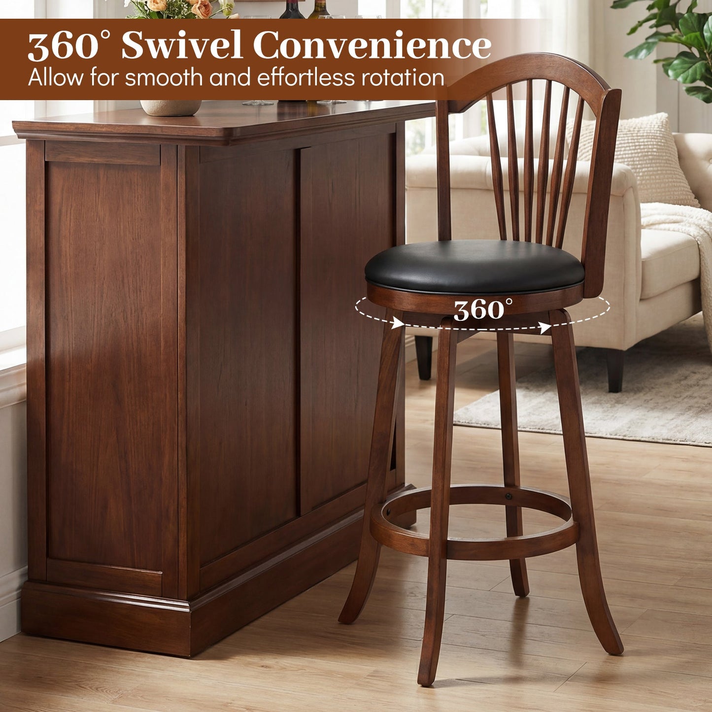 Swivel Bar Stools with Backrests and Wood Frame for Kitchen Island