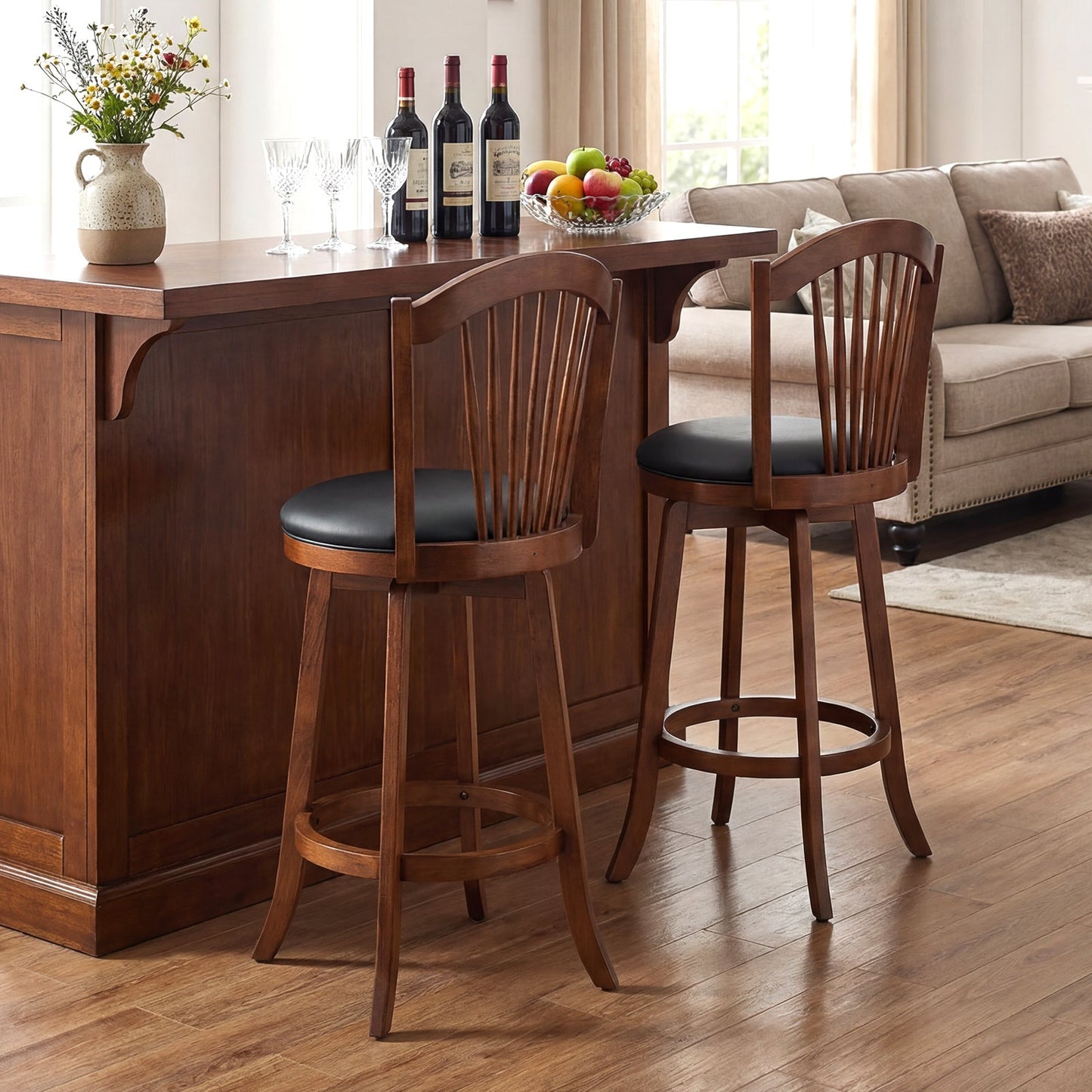 Swivel Bar Stools with Backrests and Wood Frame for Kitchen Island