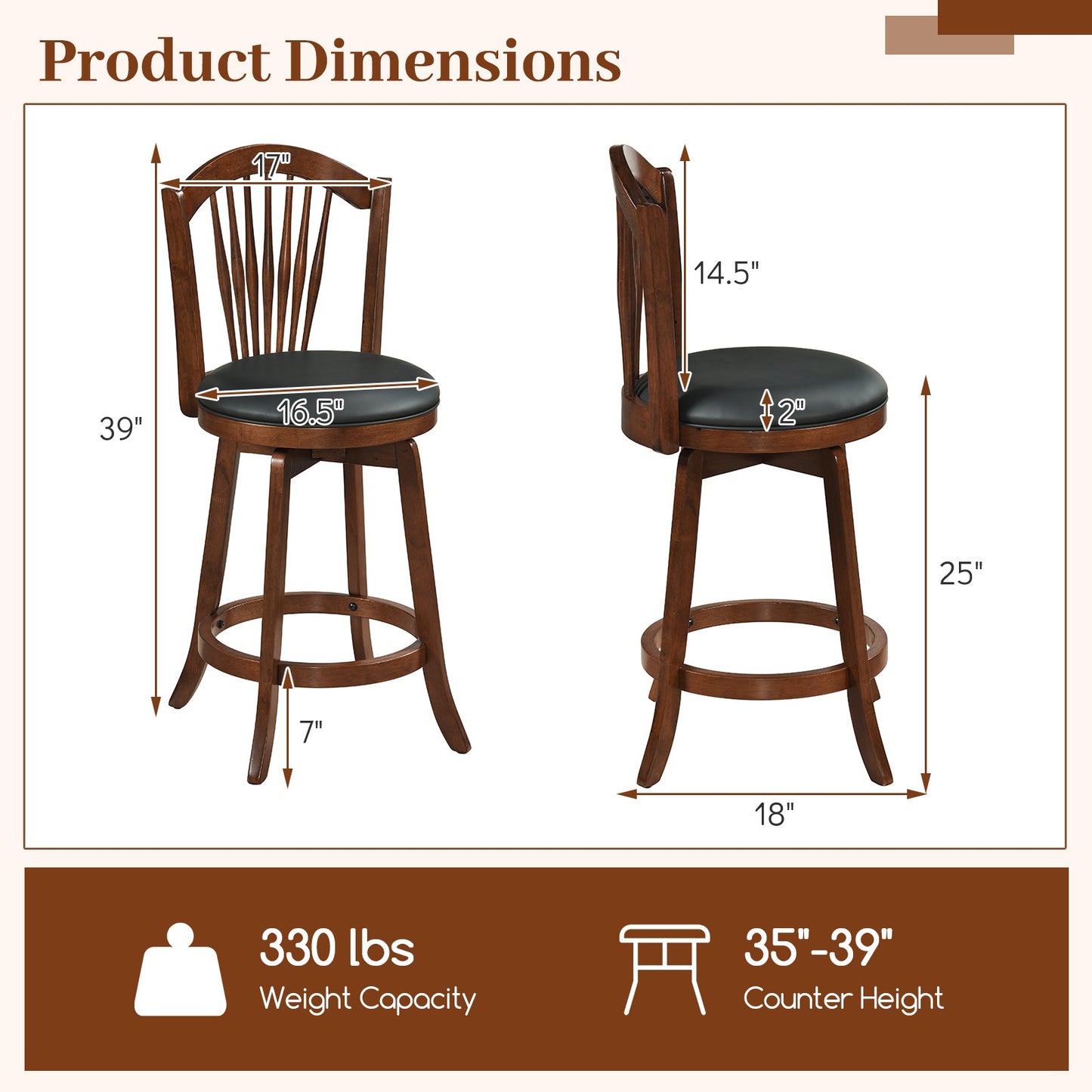 Swivel Bar Stools with Backrests and Wood Frame for Kitchen Island