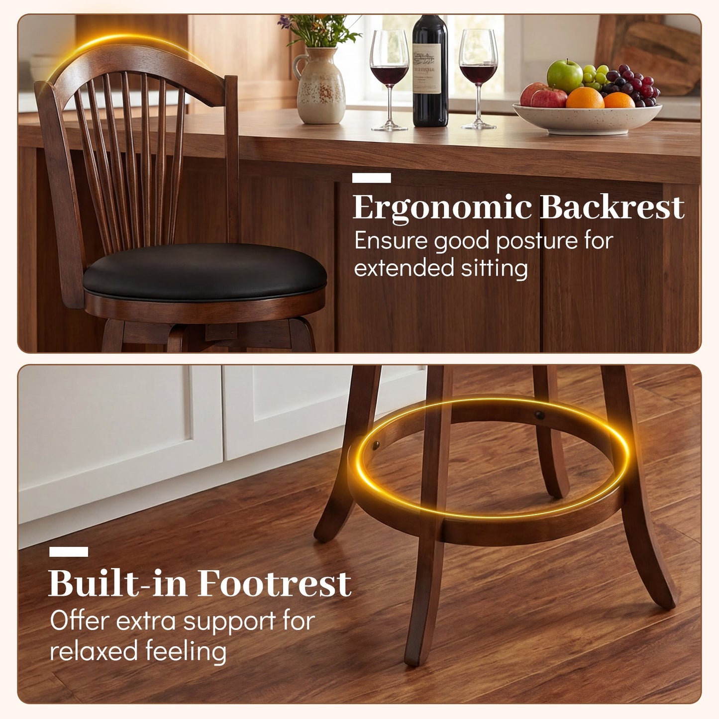 Swivel Bar Stools with Backrests and Wood Frame for Kitchen Island