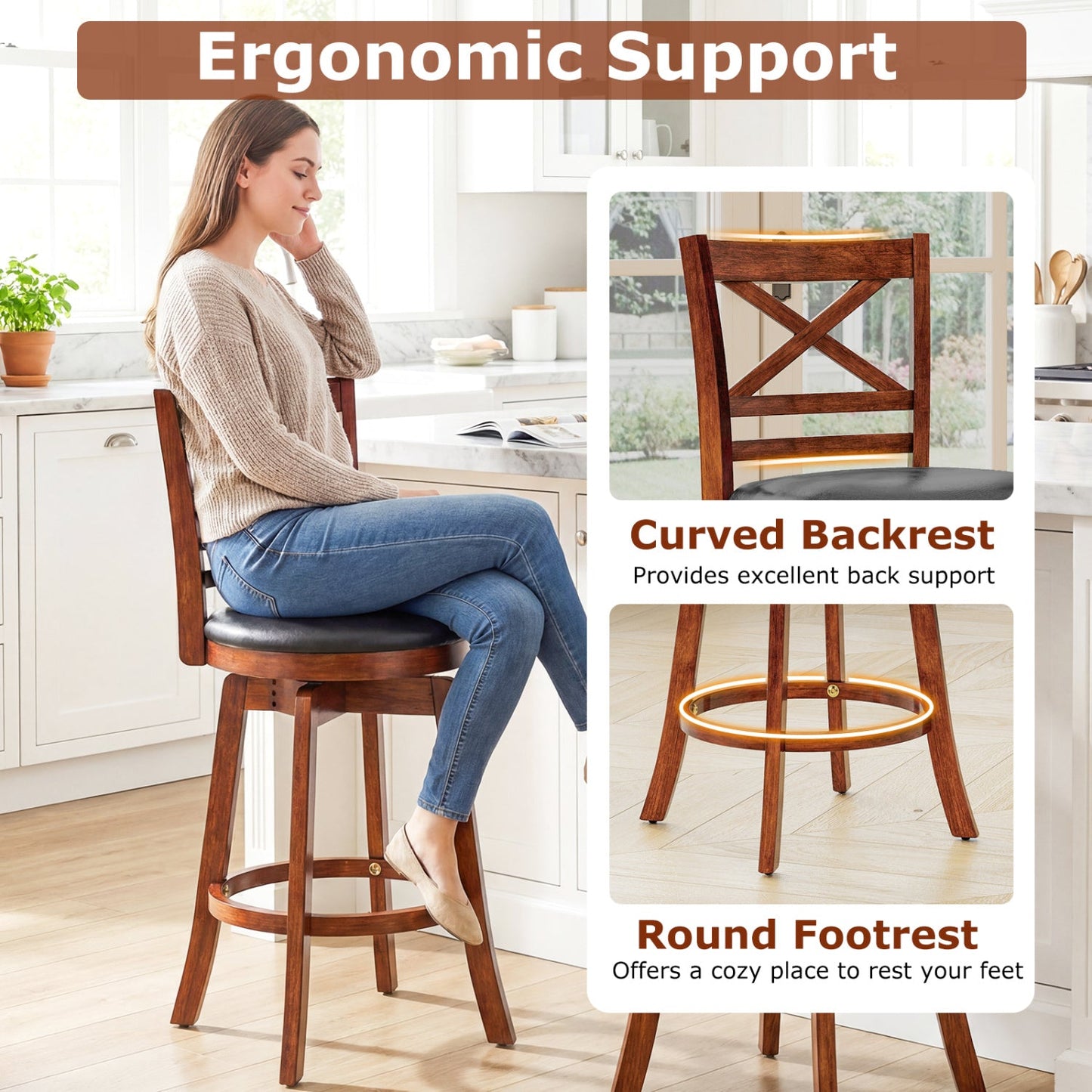 Swivel Barstools Set of 2 with Backrest and Footrest