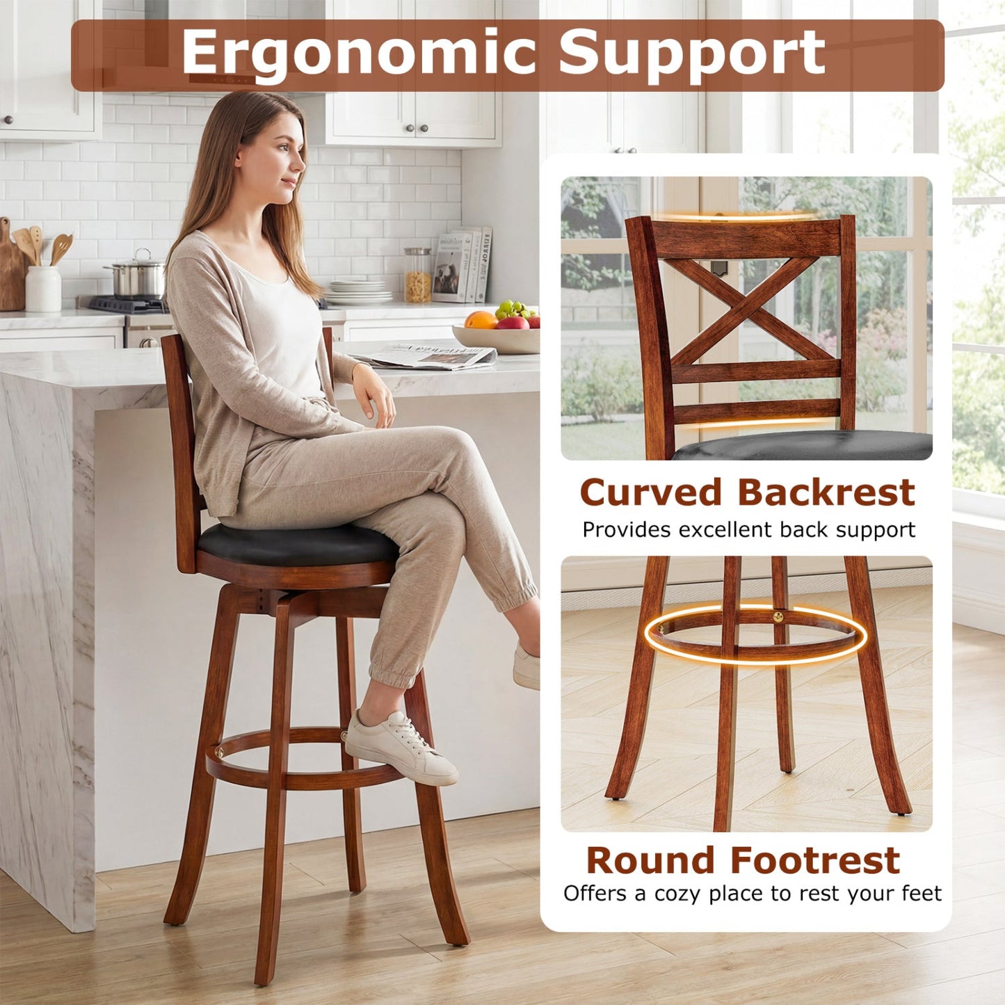 Swivel Barstools Set of 2 with Backrest and Footrest