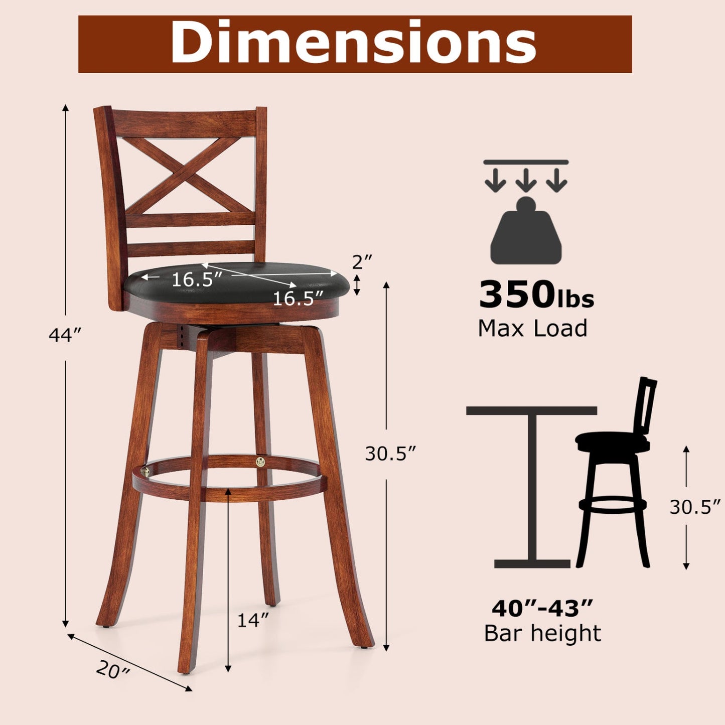 Swivel Barstools Set of 2 with Backrest and Footrest