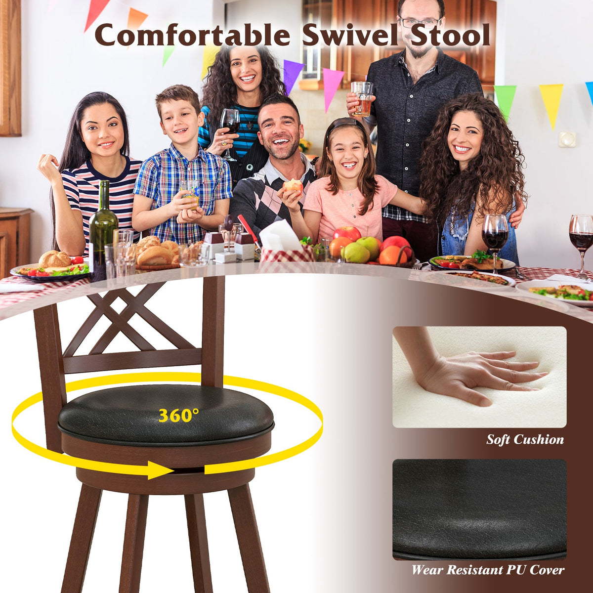 360¬∞ Swivel Upholstered Barstools Set of 2 with Back and Footrest