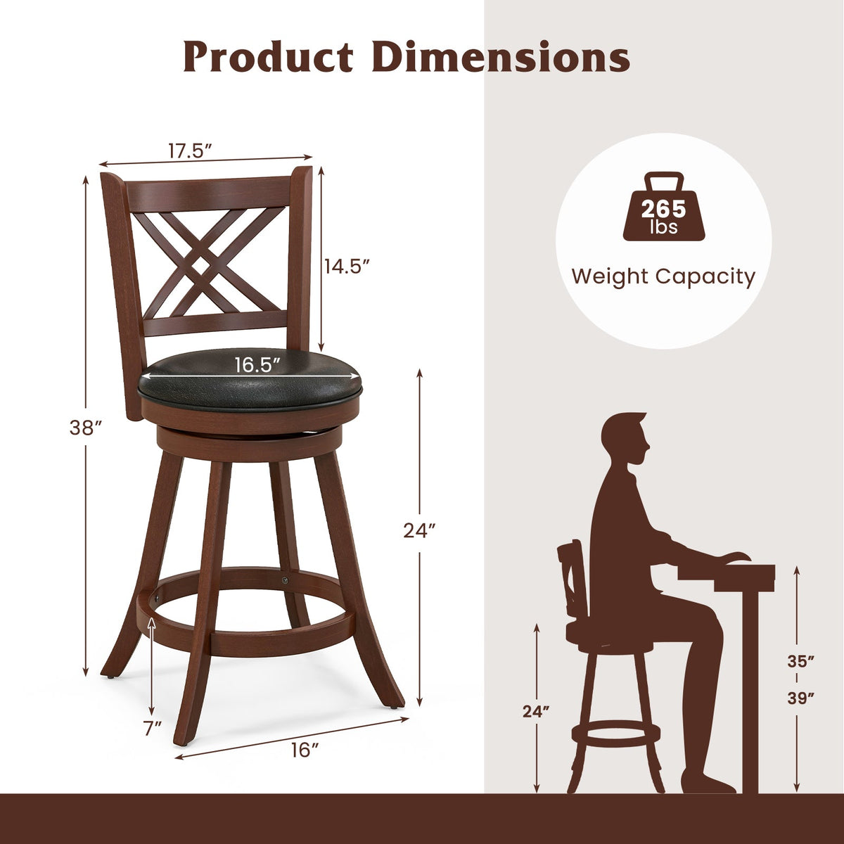 360¬∞ Swivel Upholstered Barstools Set of 2 with Back and Footrest