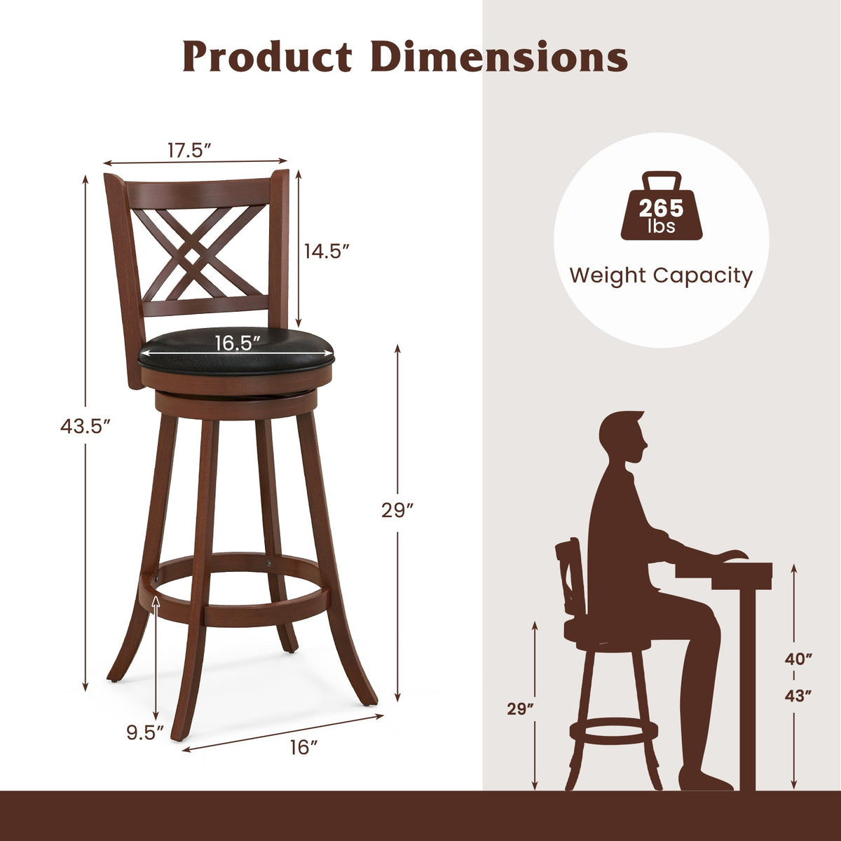 360¬∞ Swivel Upholstered Barstools Set of 2 with Back and Footrest
