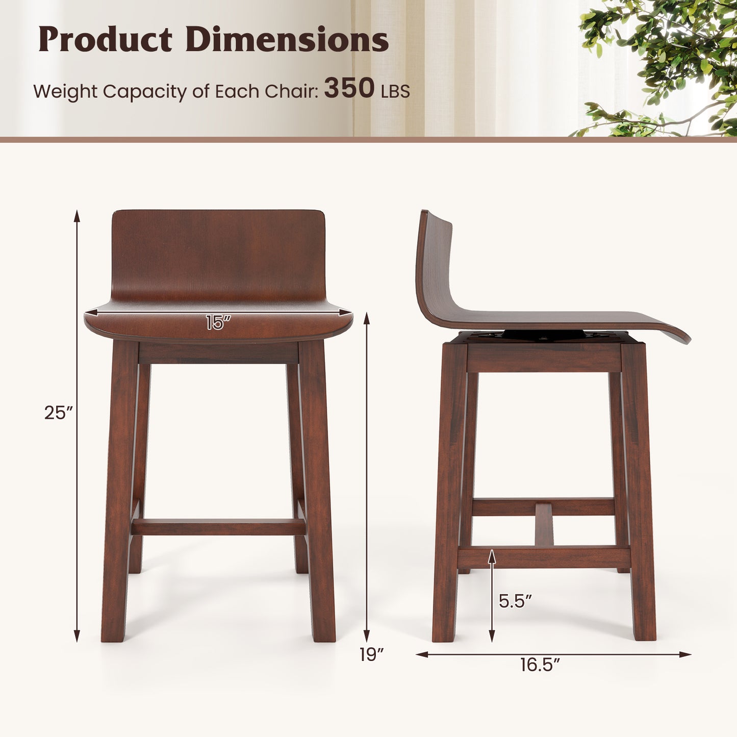 Swivel Dining Chairs Set of 2 with Low Back and Footrest