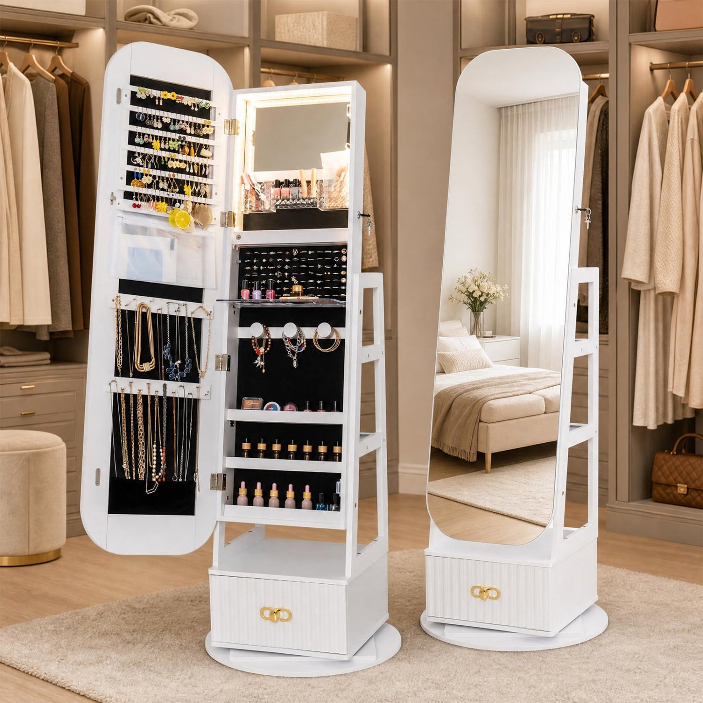 Swivel Jewelry Cabinet with Full-Length Mirror and LED Lights