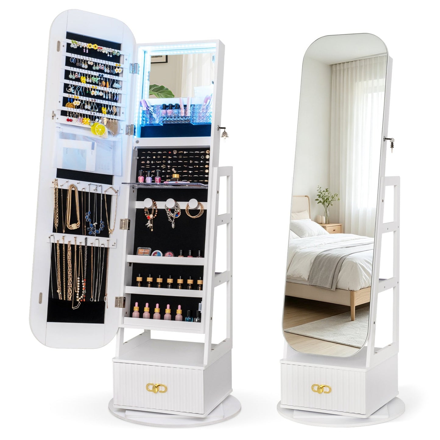 Swivel Jewelry Cabinet with Full-Length Mirror and LED Lights
