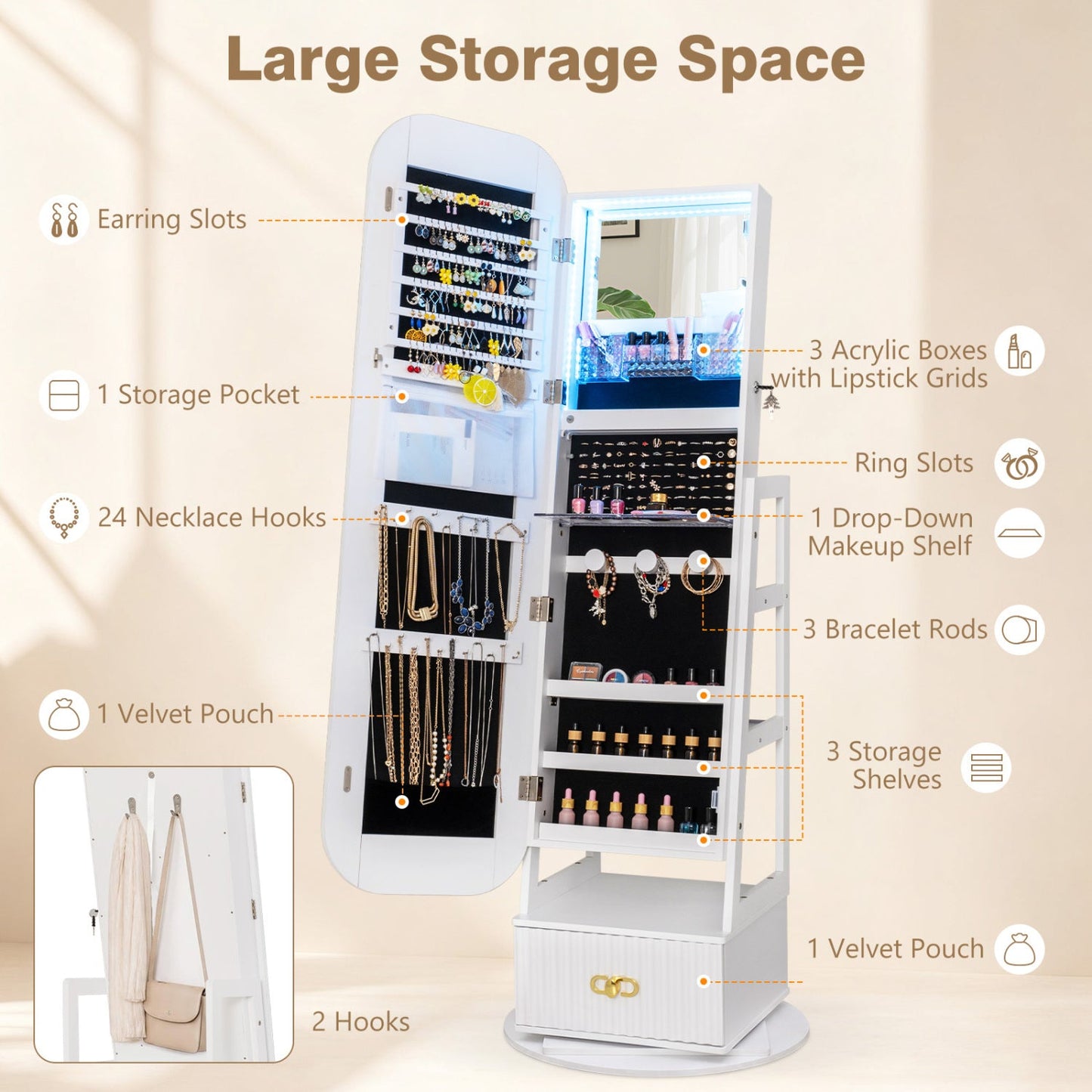 Swivel Jewelry Cabinet with Full-Length Mirror and LED Lights