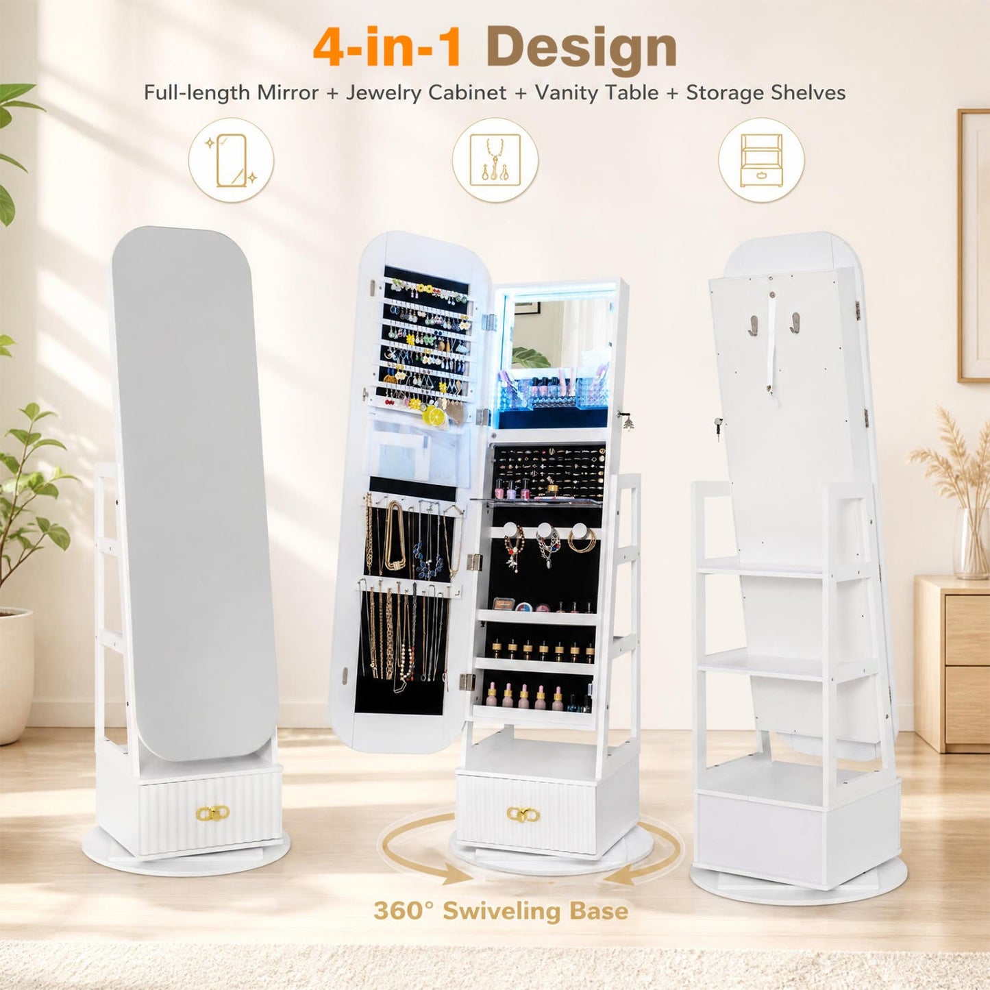 Swivel Jewelry Cabinet with Full-Length Mirror and LED Lights