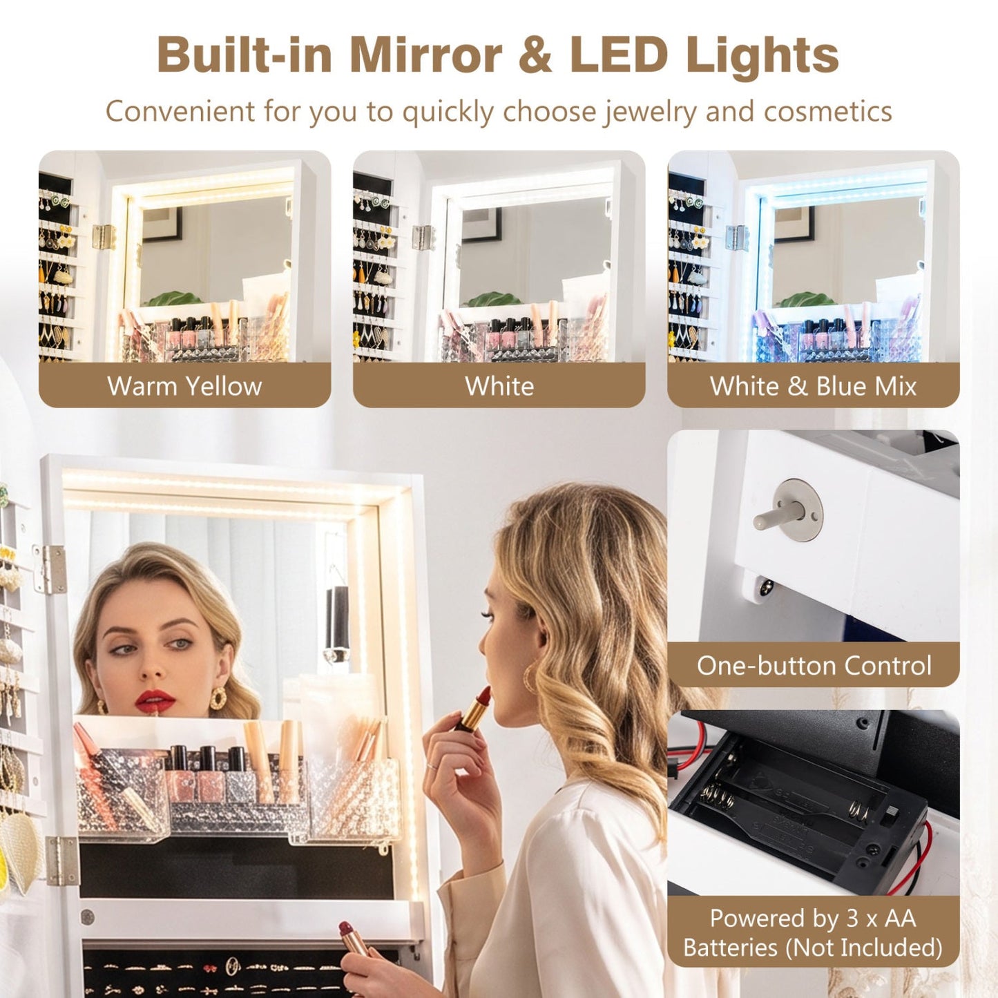 Swivel Jewelry Cabinet with Full-Length Mirror and LED Lights
