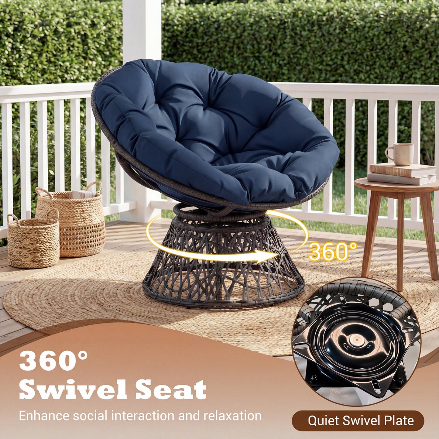 Swivel Papasan Chair with Thick Cushion - Round Wicker