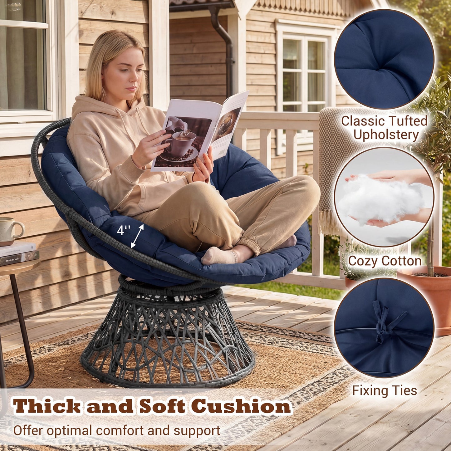 Swivel Papasan Chair with Thick Cushion - Round Wicker