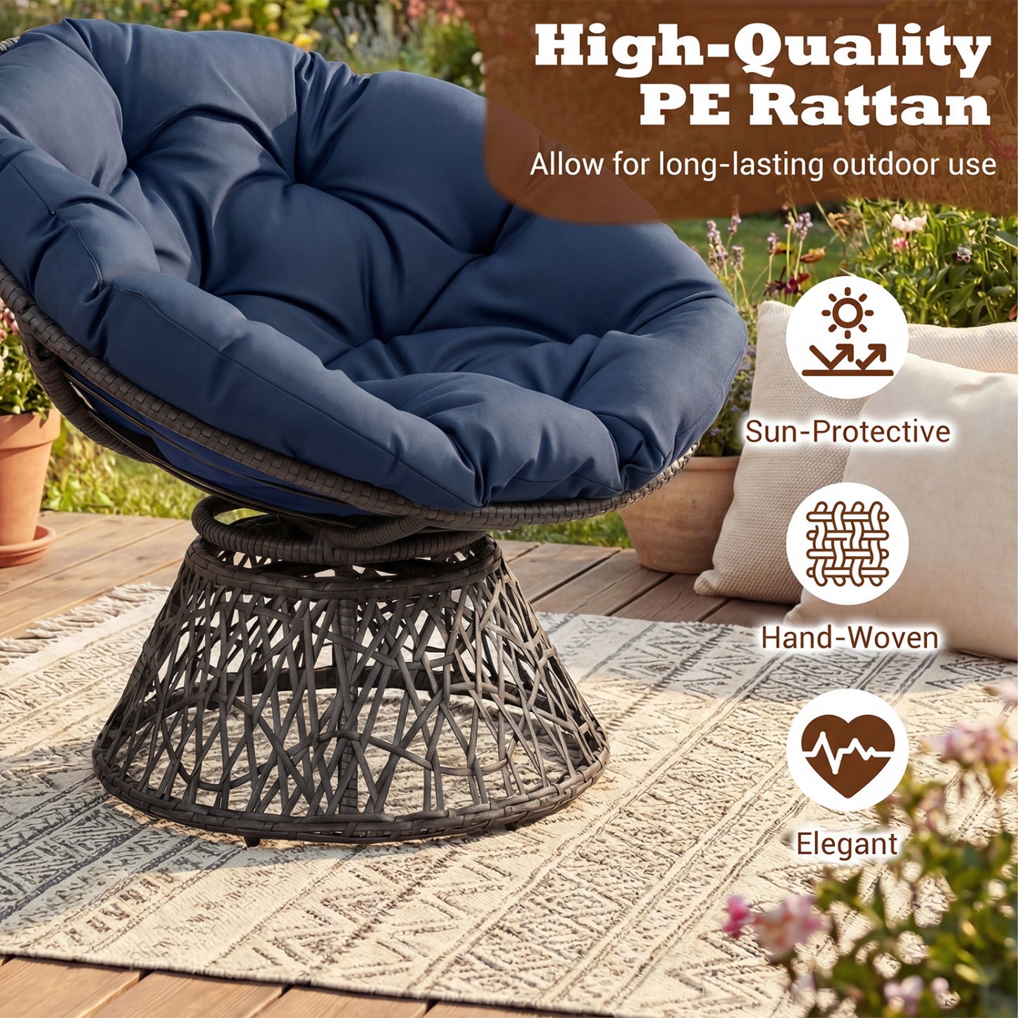 Swivel Papasan Chair with Thick Cushion - Round Wicker