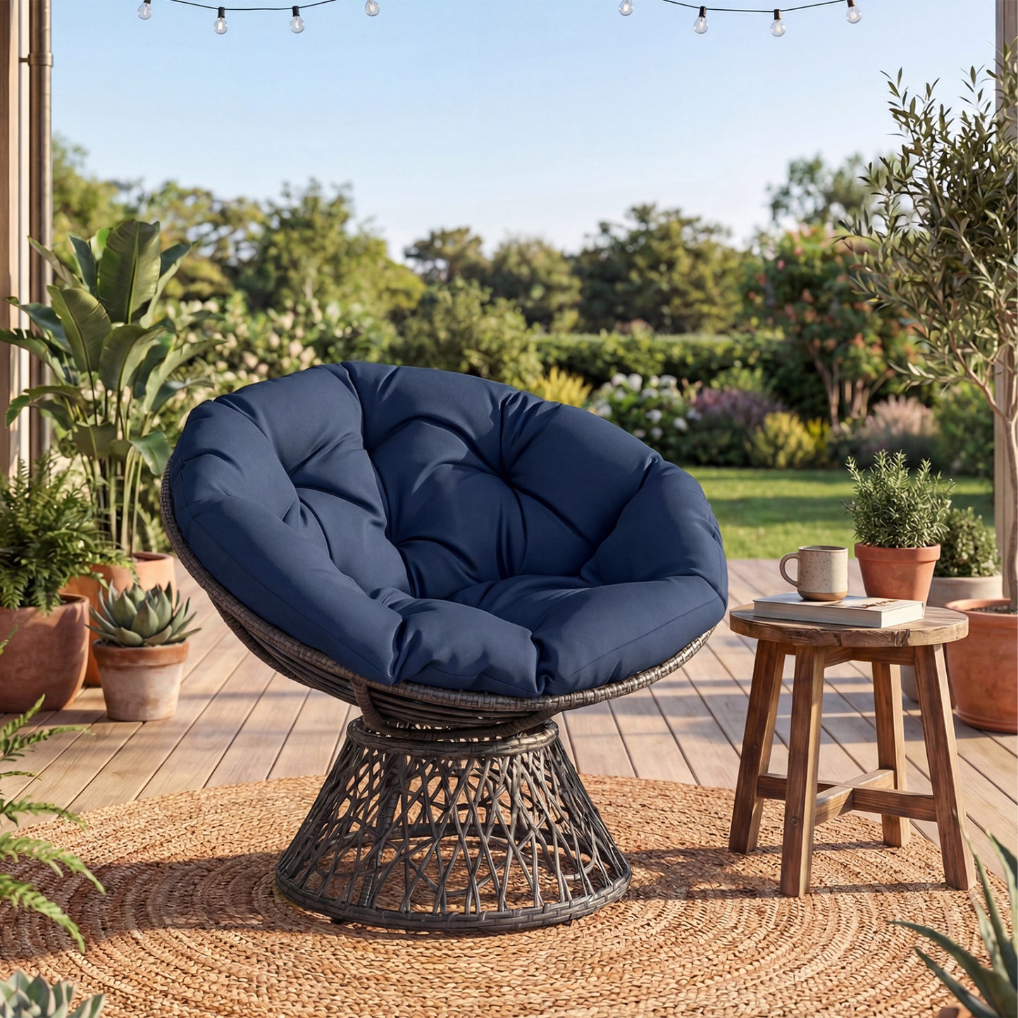 Swivel Papasan Chair with Thick Cushion - Round Wicker
