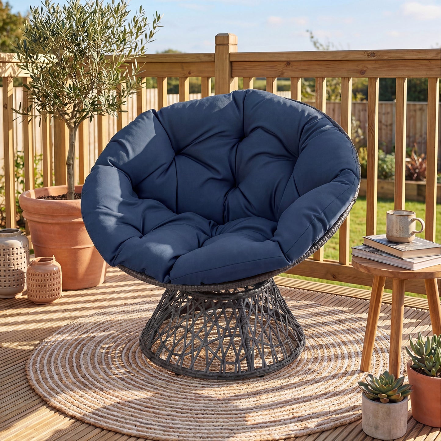 Swivel Papasan Chair with Thick Cushion - Round Wicker