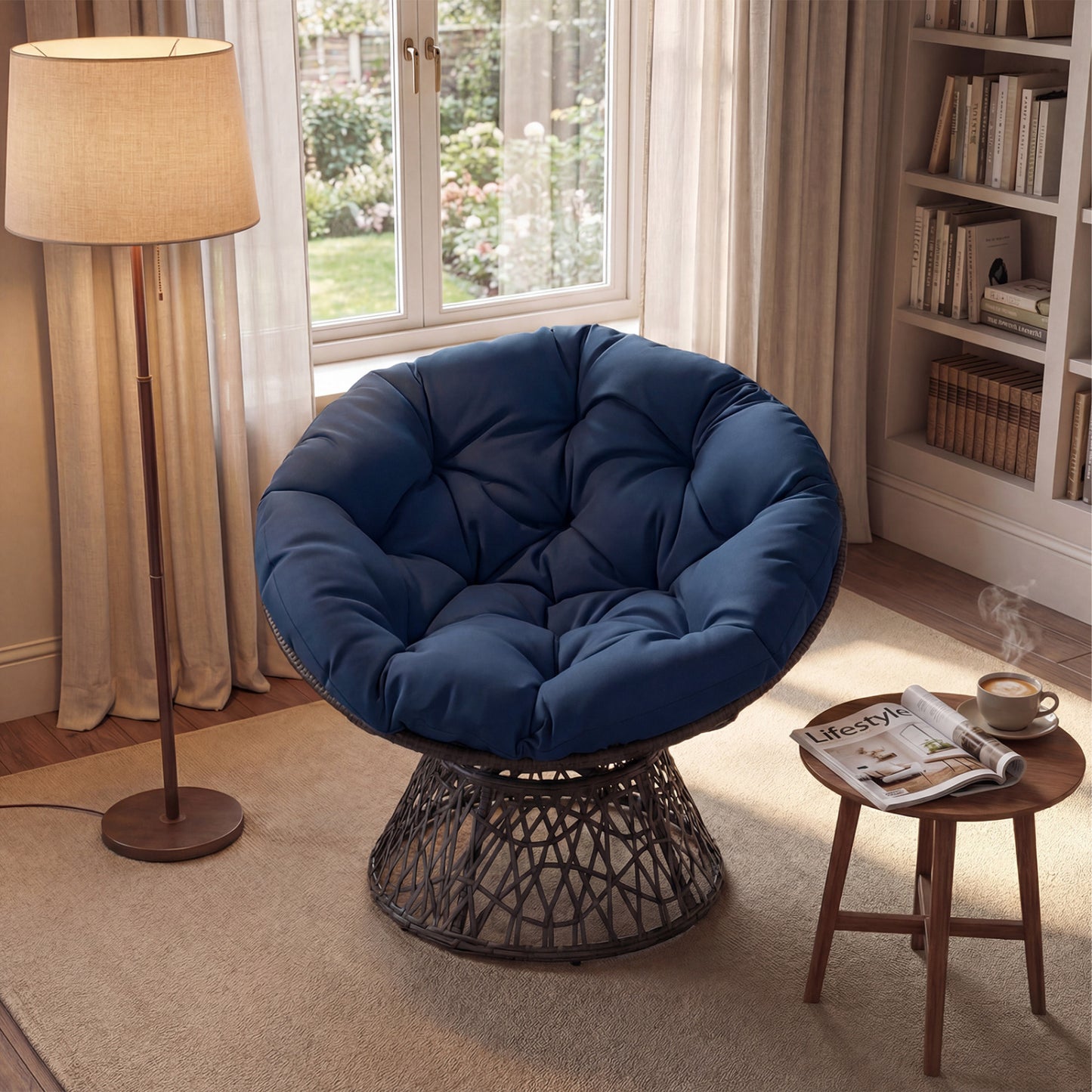 Swivel Papasan Chair with Thick Cushion - Round Wicker