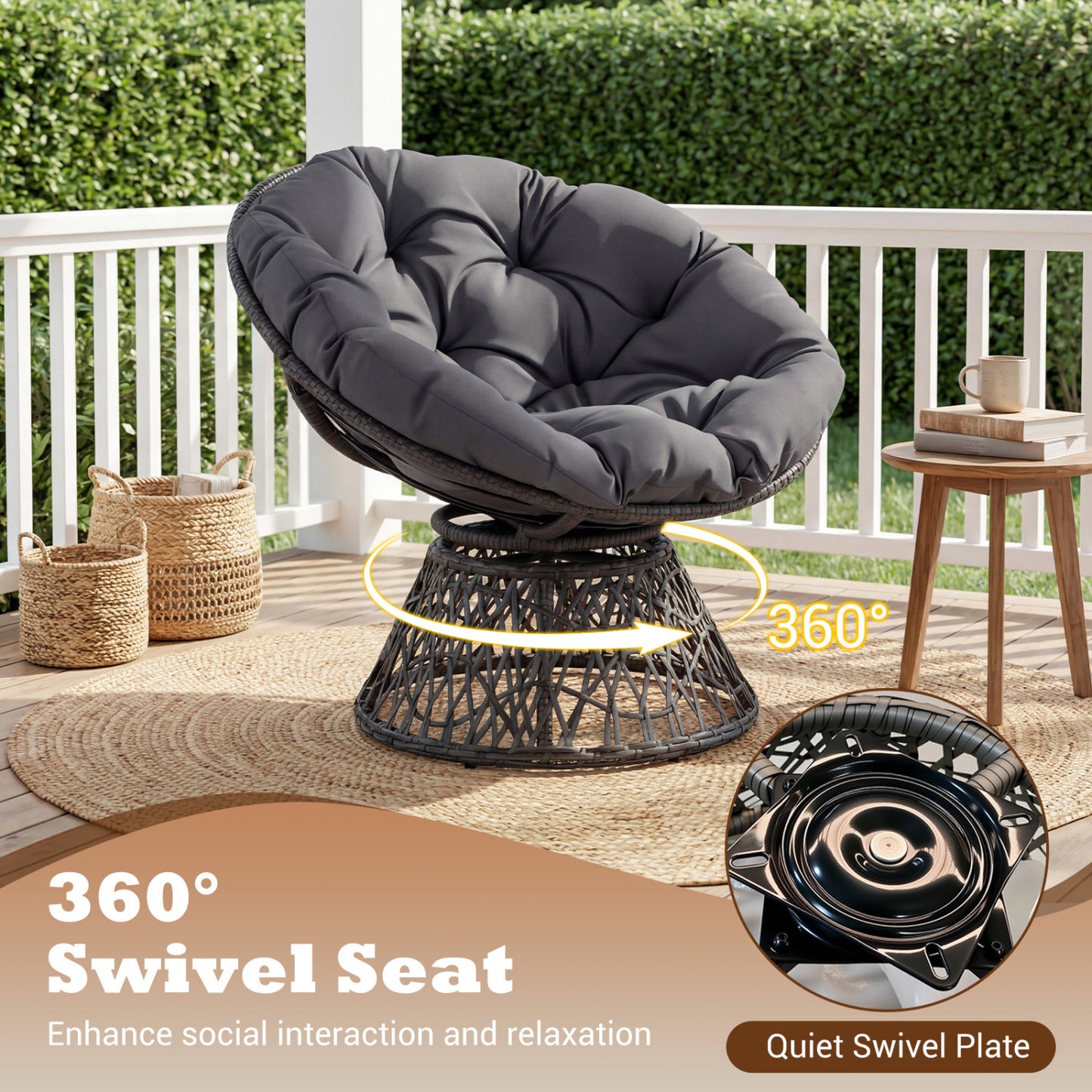 Swivel Papasan Chair with Thick Cushion - Round Wicker