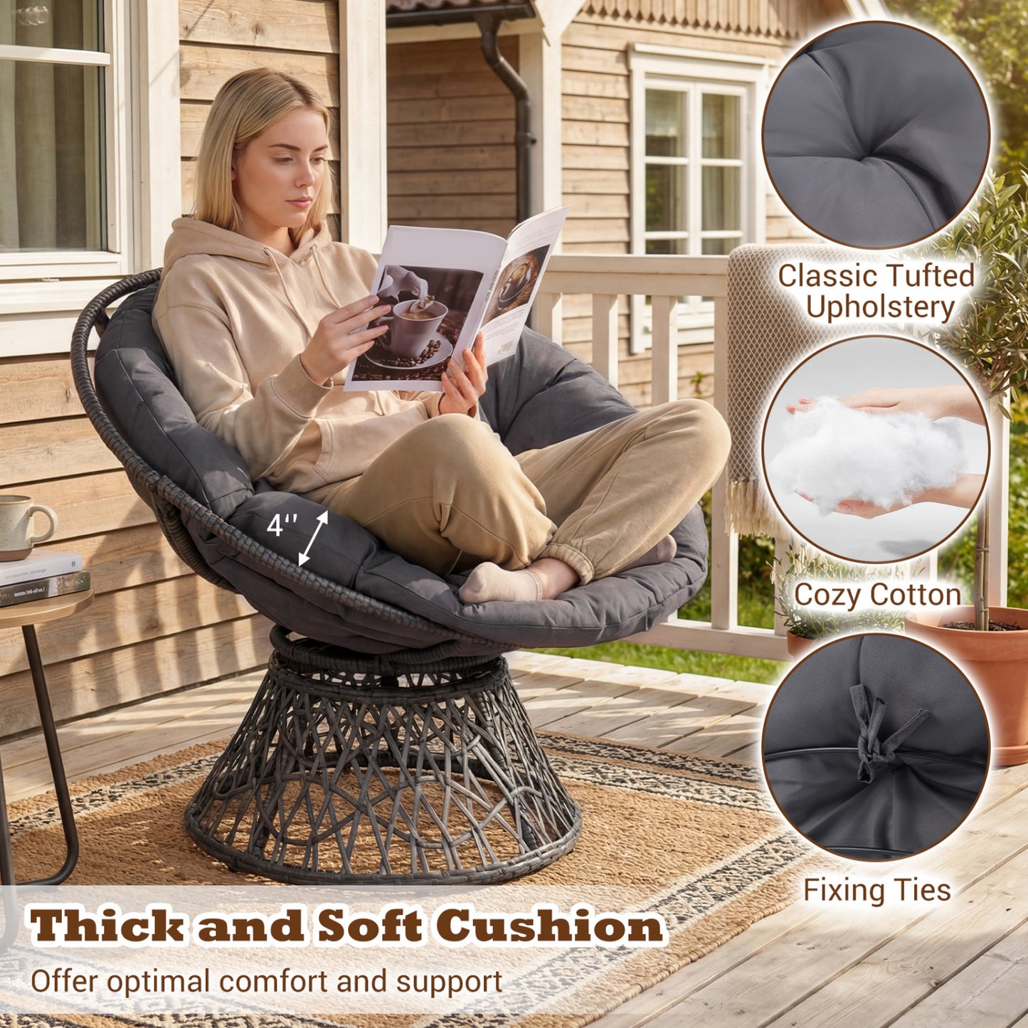 Swivel Papasan Chair with Thick Cushion - Round Wicker