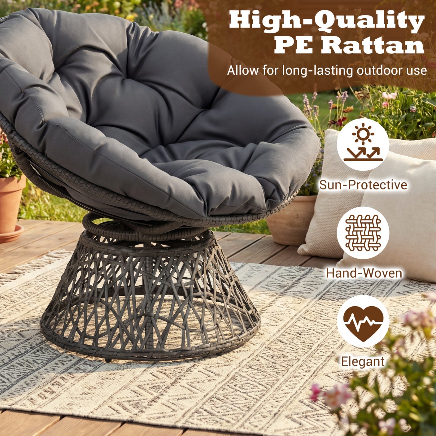 Swivel Papasan Chair with Thick Cushion - Round Wicker
