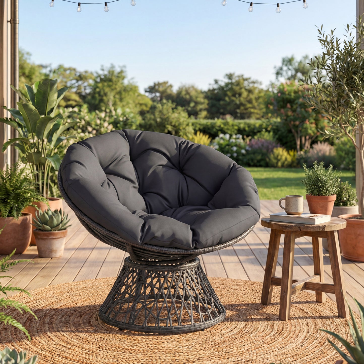 Swivel Papasan Chair with Thick Cushion - Round Wicker