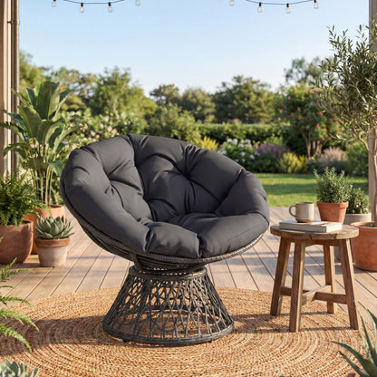 Swivel Papasan Chair with Thick Cushion - Round Wicker