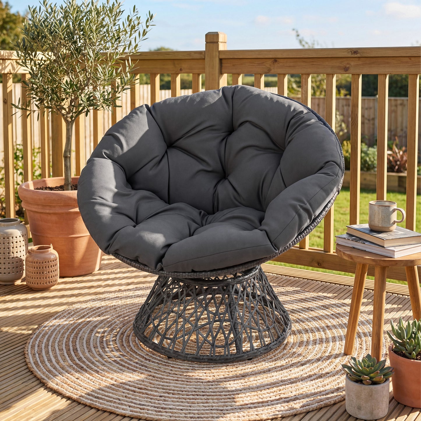 Swivel Papasan Chair with Thick Cushion - Round Wicker