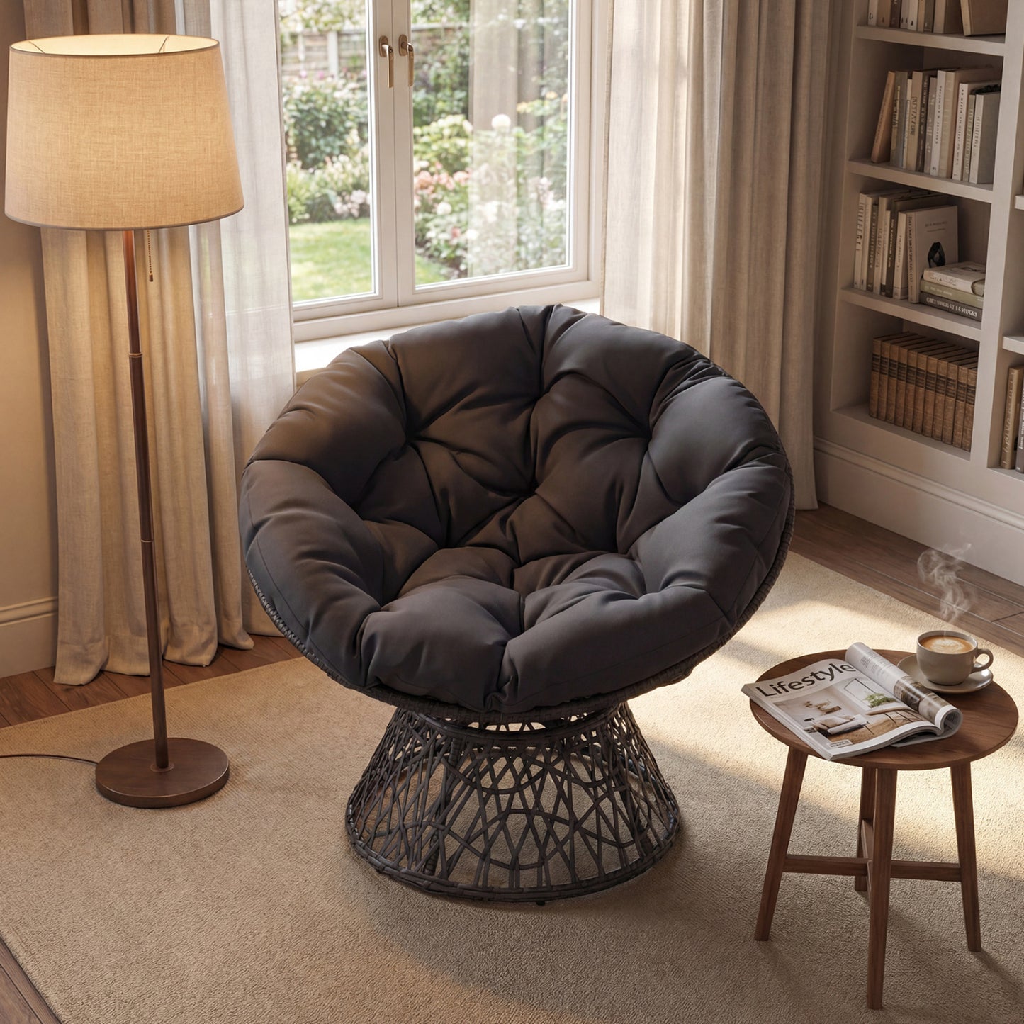 Swivel Papasan Chair with Thick Cushion - Round Wicker