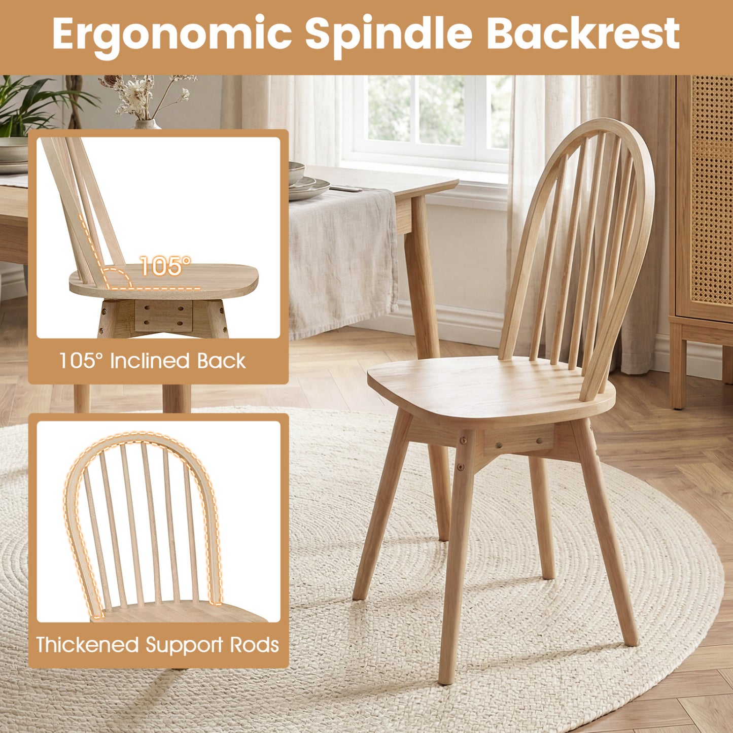 Swivel Windsor Dining Chairs Set of 4 - Solid Rubber Wood