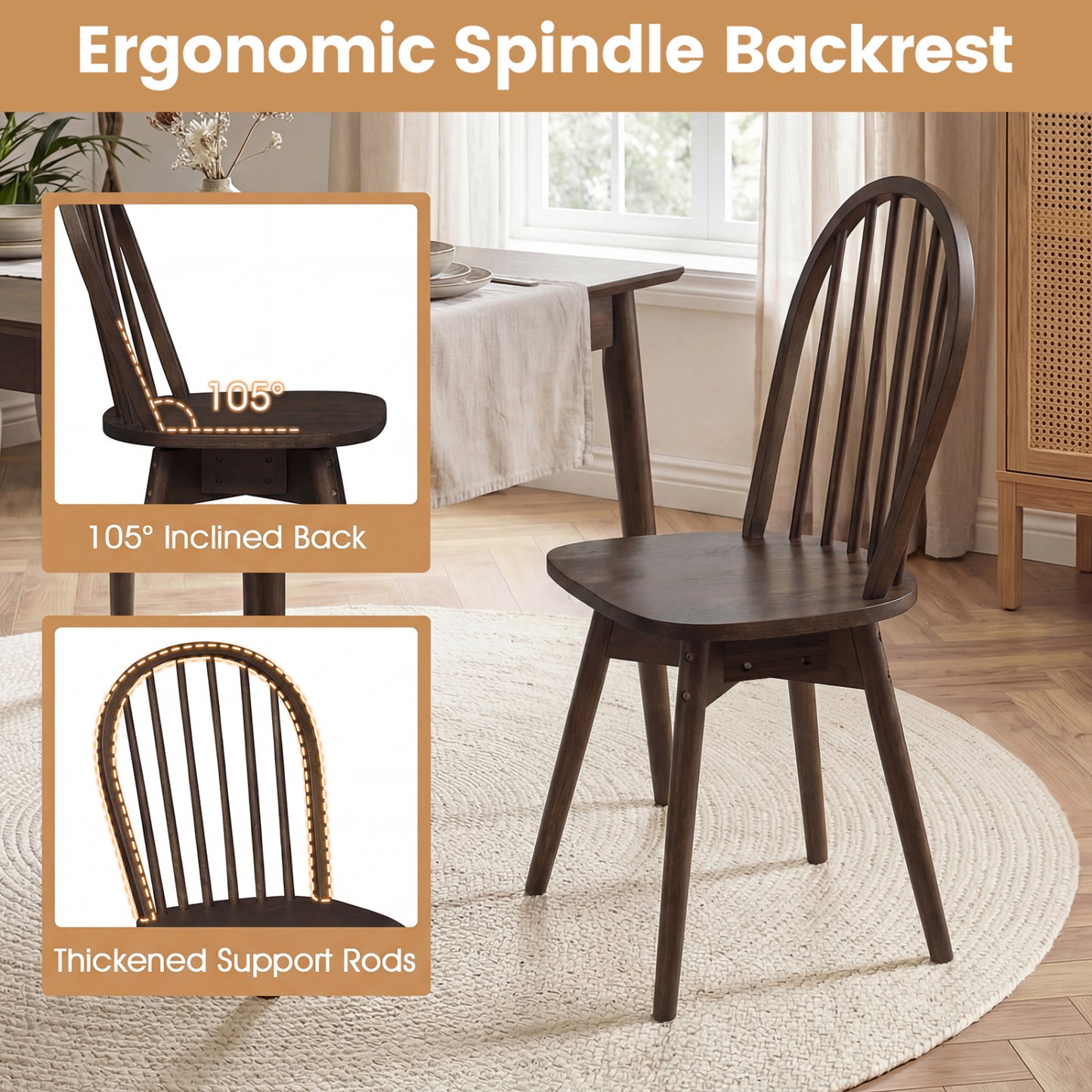 Swivel Windsor Dining Chairs Set of 4 - Solid Rubber Wood