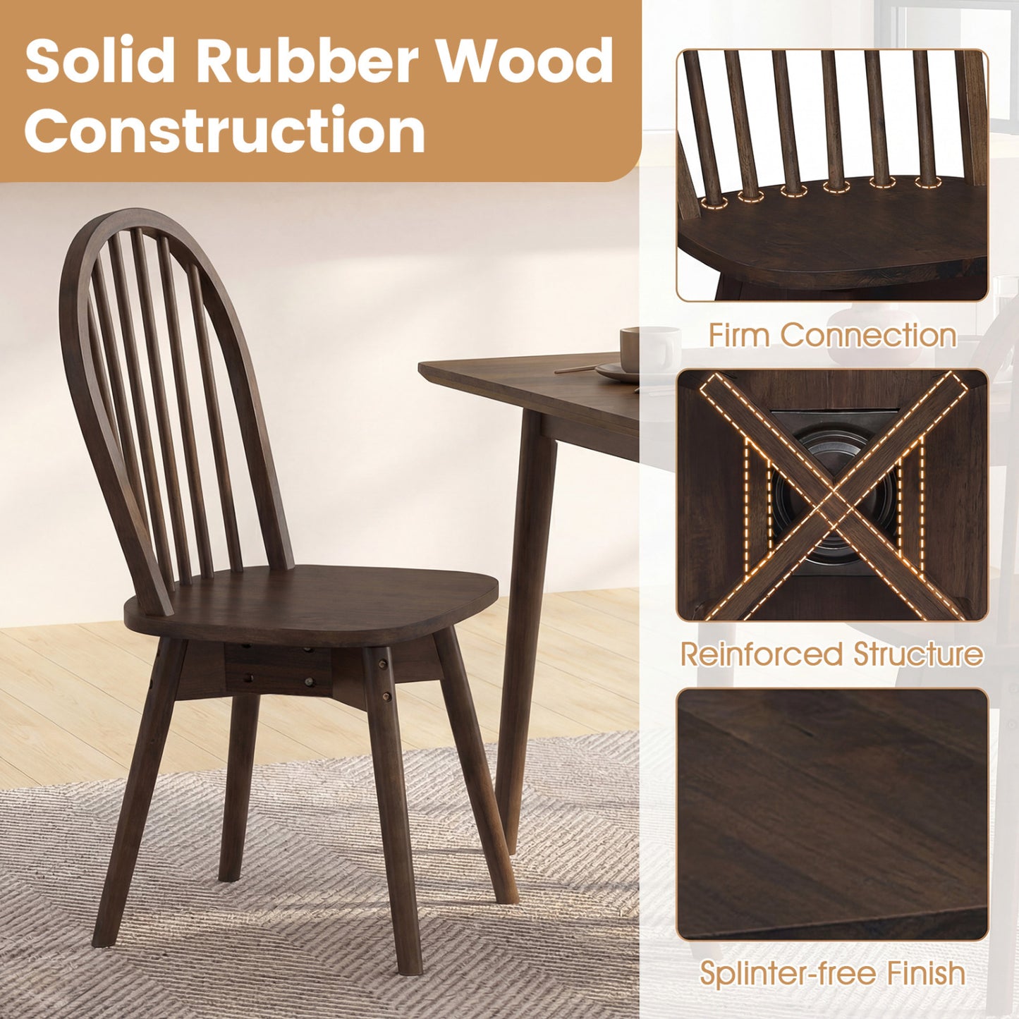 Swivel Windsor Dining Chairs Set of 4 - Solid Rubber Wood
